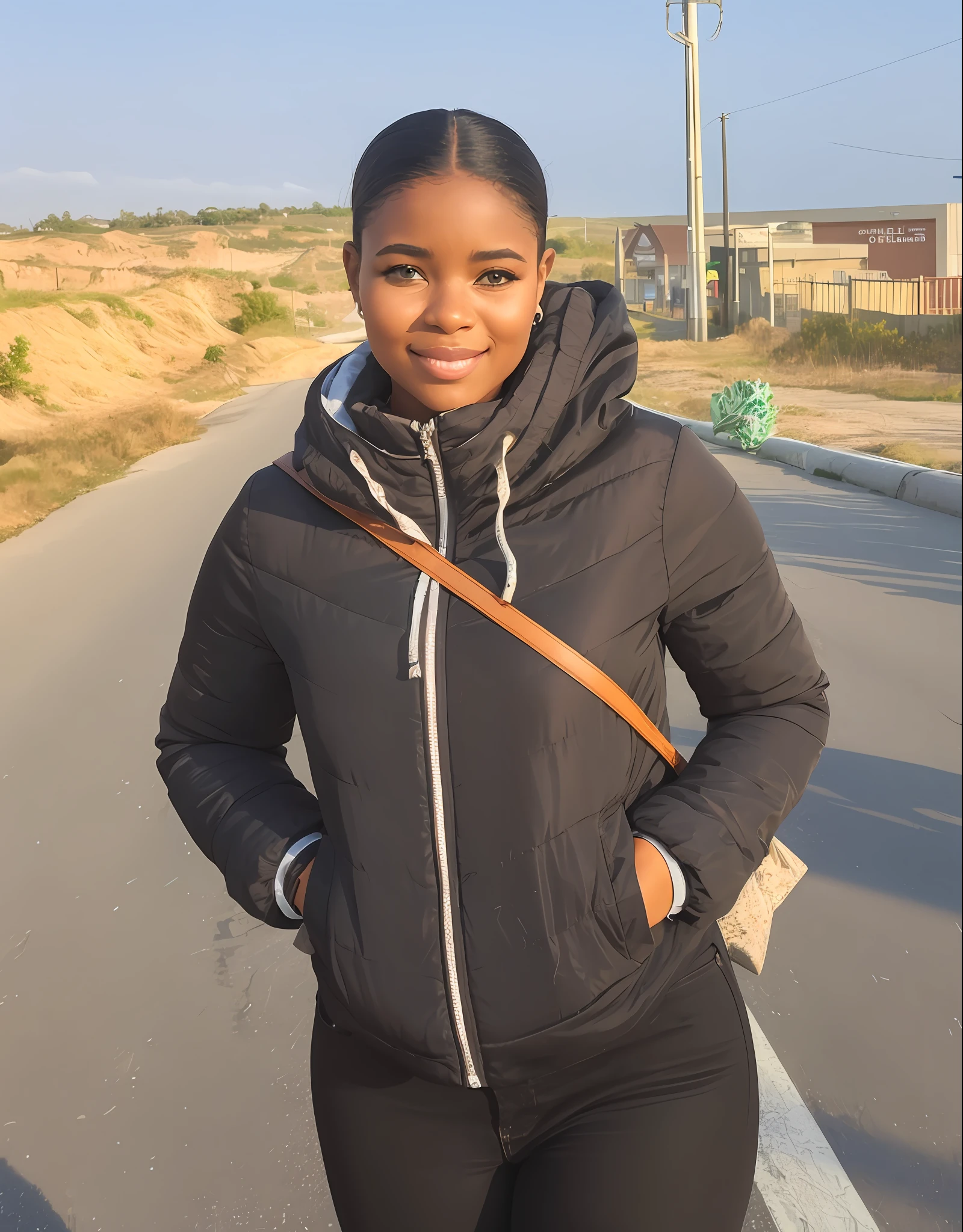 Woman with black jacket standing on the side of the road, standing on a street, amazing beauty, at noon, young black woman, photo of girl, perfect and crisp sunlight, student,, photo taken on 2 0 2 3, photo of young woman