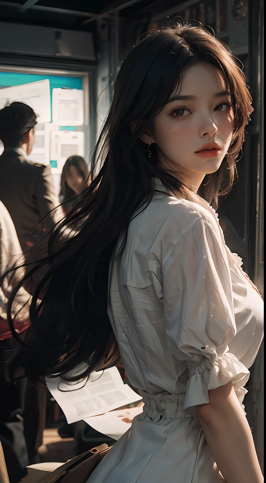 (RAW Photo, Best Quality), (Realistic, Photo Realistic: 1.3), Best Quality, Highly Detailed, Masterpiece, Ultra Detailed, Illustration, 1 Girl, upper_body, Dynamic Angle, World Mastery Theater, messy_long_hair, Best Quality, Extremely Detailed CG Uniform 8k Wallpaper, Ink, Amazing, Cinematic Lighting, lens_flare, dunhuang_style, Tea Break French Princess y Dress