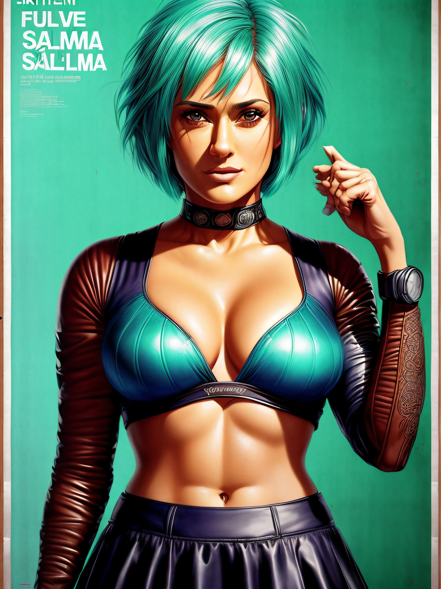 (Full portrait lone (Salma Hayek) as (Bulma:1.4 from DragonBall), (cleavage (large breasts), stylish bob haircut, crop-top, (micro-skirt), pantyhose)1.2 (dressed as Android18), training to fight, front view, (high detailed skin:1.2)(realistic pupils,realistic iris:1), 8k uhd, aqua_hair)1.1, (vhs effect, (poster:1.6), poster on wall, nostalgia, movie poster, (skin texture), intricately detailed, fine details, hyperdetailed, raytracing, subsurface scattering, diffused soft lighting, shallow depth of field, by (Oliver Wetter)), (Portrait full face focus)1.5