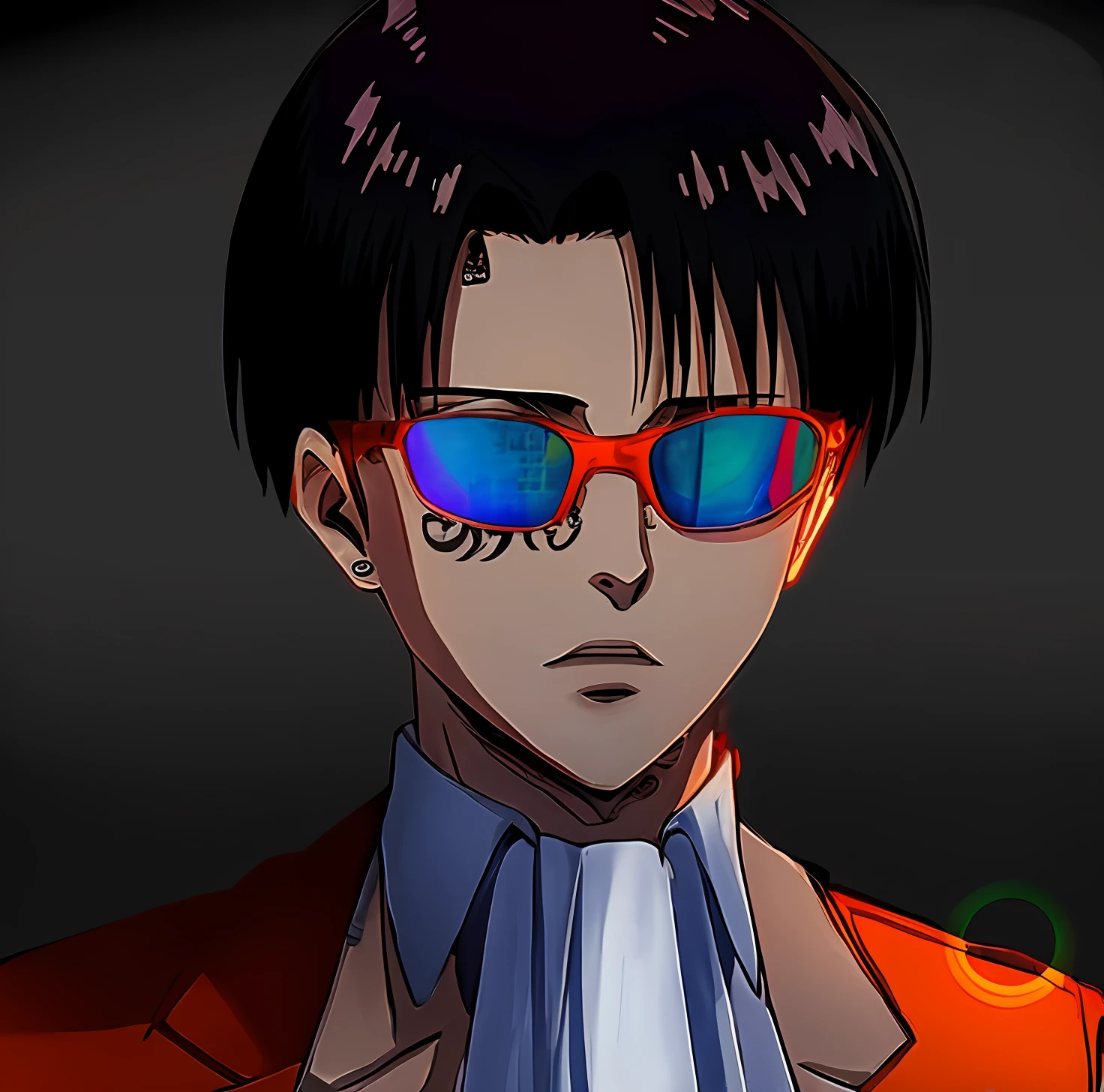 male anime character, with black hair and tattoos, wearing reflective Oakley glasses, fair skin, Levi Ackerman from the anime Attack on Titan, gray wall background, black and white suit outfit.