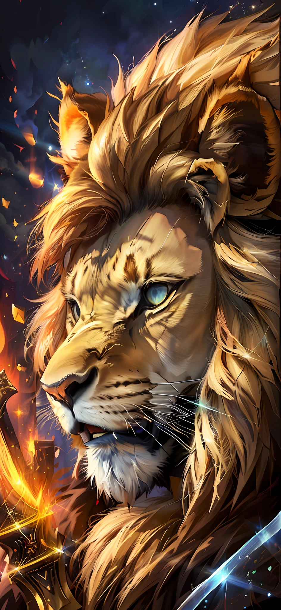 a close up of a lion with a sword and a sword, fire lion, lion warrior, half lion, aslan the lion, fierce expression 4k, lion head, with the mane of a lion, amazing wallpaper, lion's gate, roaring blue lion. majestic, detailed painting 4 k, third lion head, avatar image, lion's mane, by Galen Dara