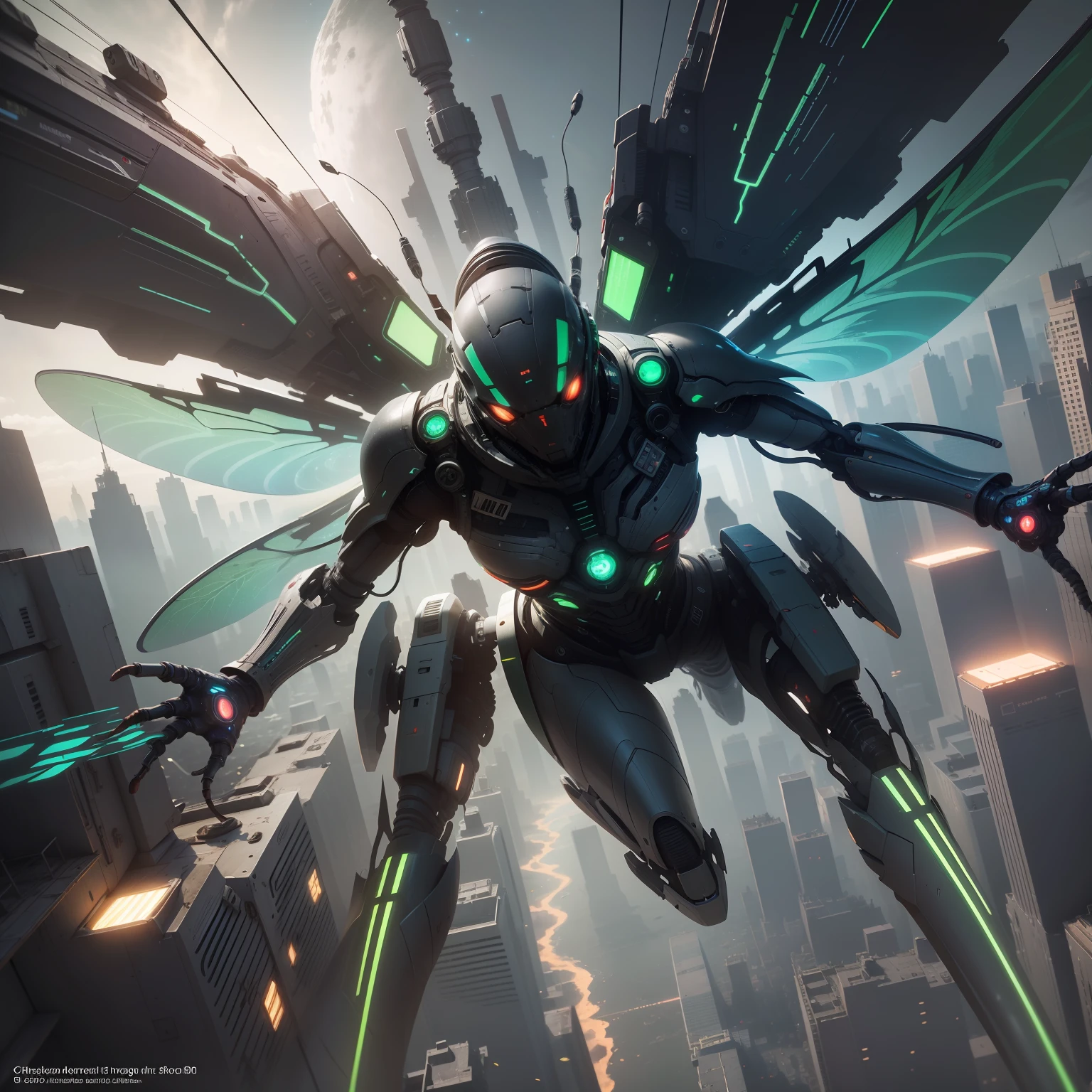 Flying dragonfly spaceship, ((super realistic details)), dragonfly, organic spaceship, very large dragonfly wings, global lighting, shadows, octane, 8k, super sharp, metallic, complex, detailed ornamental, cool colors, cyberpunk details, highly complex details, realistic light, CGsociety trends, insect eyes, neon details, mechanical limbs, xenomorph dragonfly, blood vessels attached to tubes, mechanical exoskeleton, chitauri marvel flying ship,  wires and wires attached to the head, (neon green blood), (black armor), star cluster in the background, overhead view, space scene