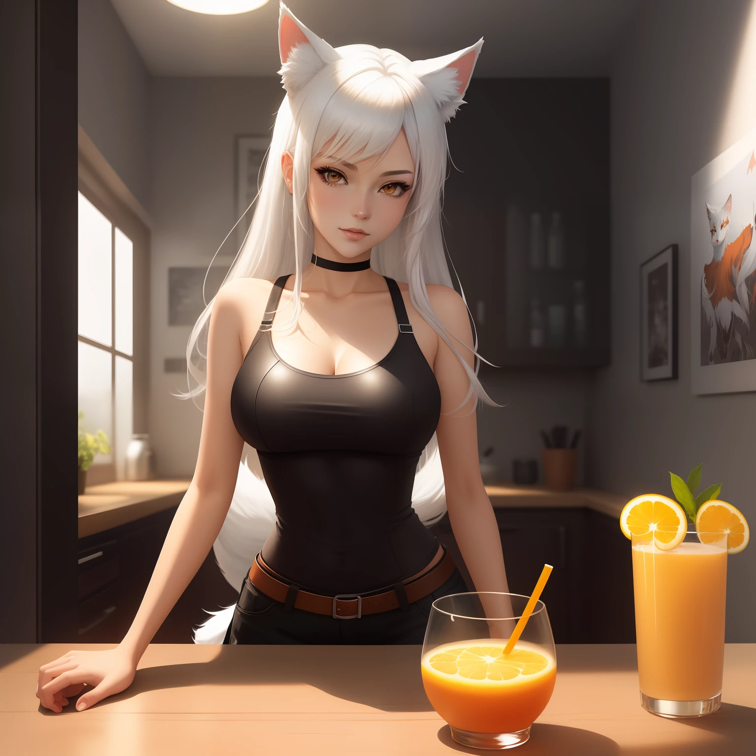 masterpiece, anime girl with white hair and cat ears holding a glass of orange juice, white - haired fox, commission for high res, sfw version, white cat girl, tifa lockhart with white hair, oc commission, white haired, seductive anime girl, beautiful anime catgirl, perfect white haired girl, white fox anime, ahri, anime catgirl, [ 4k digital art ]