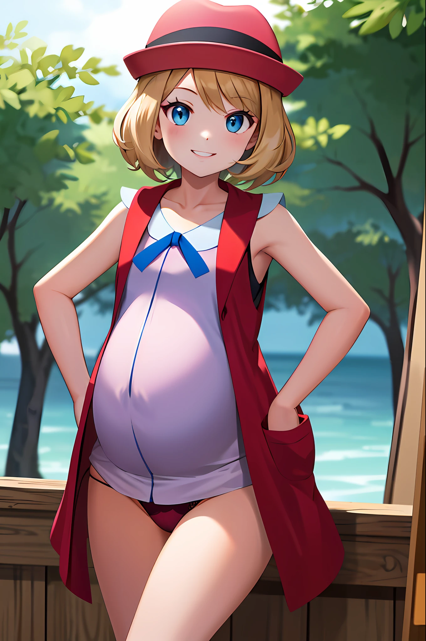 masterpiece, best quality, highres, serena \(pokemon\), short hair, blue eyes, 1girl, solo, blue ribbon, eyelashes, black thighs, neck ribbon, sleeveless, bangs, collarbone, bare arms, pink dress, red coat, pink hat, outdoor, sitting, back, turning back to the viewer, looking over shoulder, smile, skirt raised, showing underwear, panties, tight panties,  red panties, hands on hips, pregnant, advanced pregnancy.