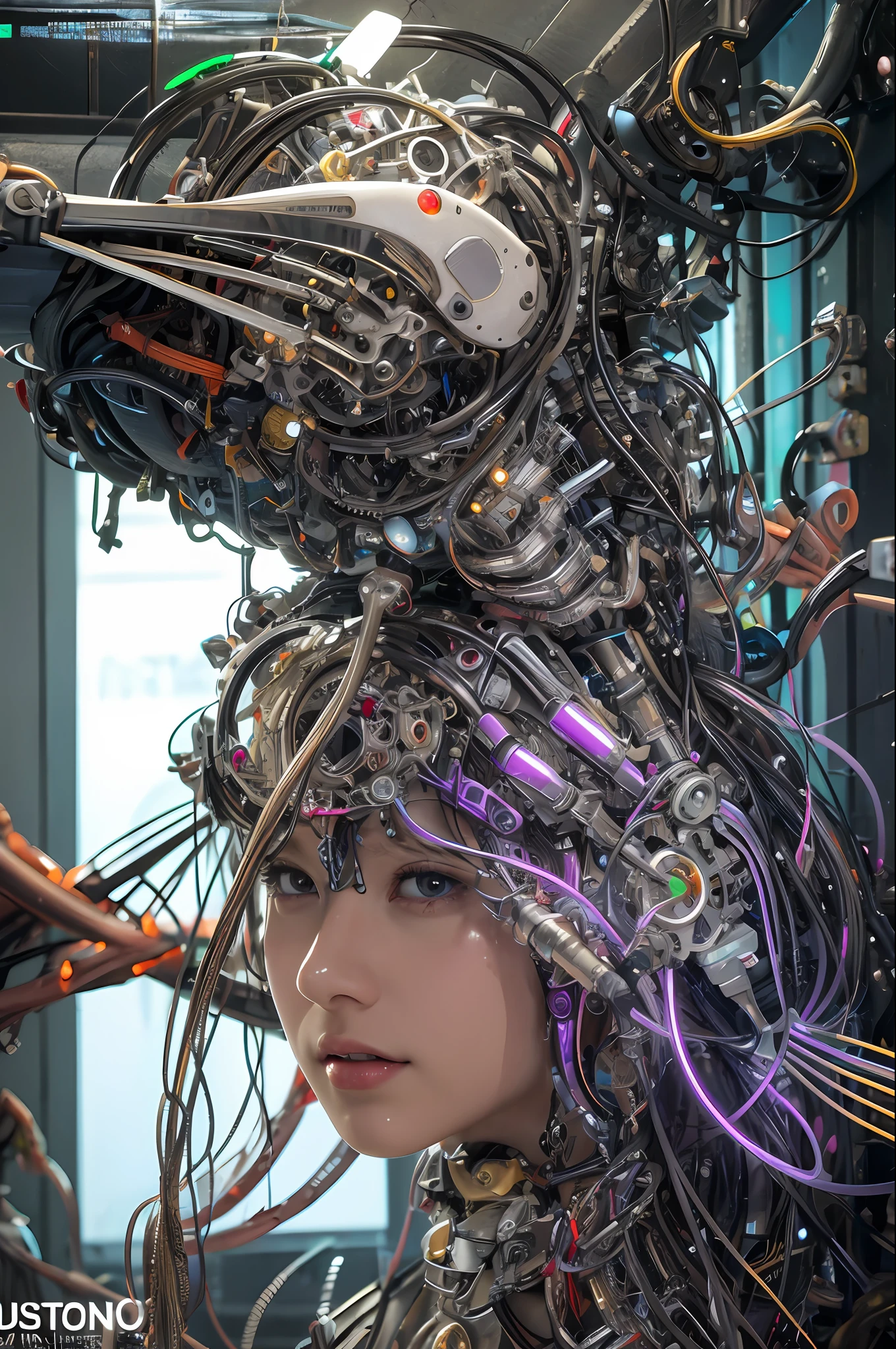 Top Quality, Masterpiece, Ultra High Resolution, (Photorealistic: 1.4), Raw Photo, 1 Girl, Black Hair, Glossy Skin, 1 Mechanical Girl, (Ultra Realistic Details)), Portrait, Global Illumination, Shadows, Octane Rendering, 8K, Ultra Sharp, Glossy Skin, Realistic Skin, Big, Cleavage Exposed Raw Skin, Metal, Intricate Ornaments Details, Syd Mead details, highly intricate details, realistic light, CGSoation trend, purple eyes, glowing eyes, facing the camera, neon details, mechanical limbs, blood vessels connected to tubes, mechanical vertebrae attached to the back, mechanical cervical attachment to the neck, sitting, wires and cables connecting to the head, analog meters, pressure gauges, vacuum tubes, gears, Small LED lamp, background is a futuristic server room,