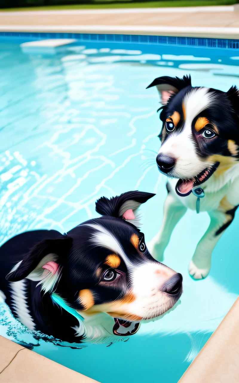hyper Quality,Cute two Border Collie puppies,different body colors,swimming in the pool,smile,black eyes,barking,narrow eyes,smile,eos r3 28mm --auto