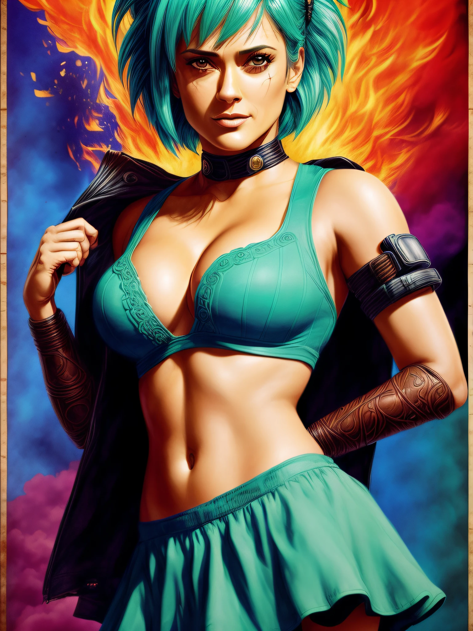 (Full portrait lone (Salma Hayek) as (Bulma:1.4 from DragonBall), (cleavage (large breasts), stylish bob haircut, crop-top, (micro-skirt), pantyhose)1.2 (dressed as Android18), training to fight, front view, (high detailed skin:1.2)(realistic pupils,realistic iris:1), 8k uhd, aqua_hair)1.1, (vhs effect, (poster:1.6), poster on wall, nostalgia, movie poster, (skin texture), intricately detailed, fine details, hyperdetailed, raytracing, subsurface scattering, diffused soft lighting, shallow depth of field, by (Oliver Wetter)), (Portrait full face focus)1.5