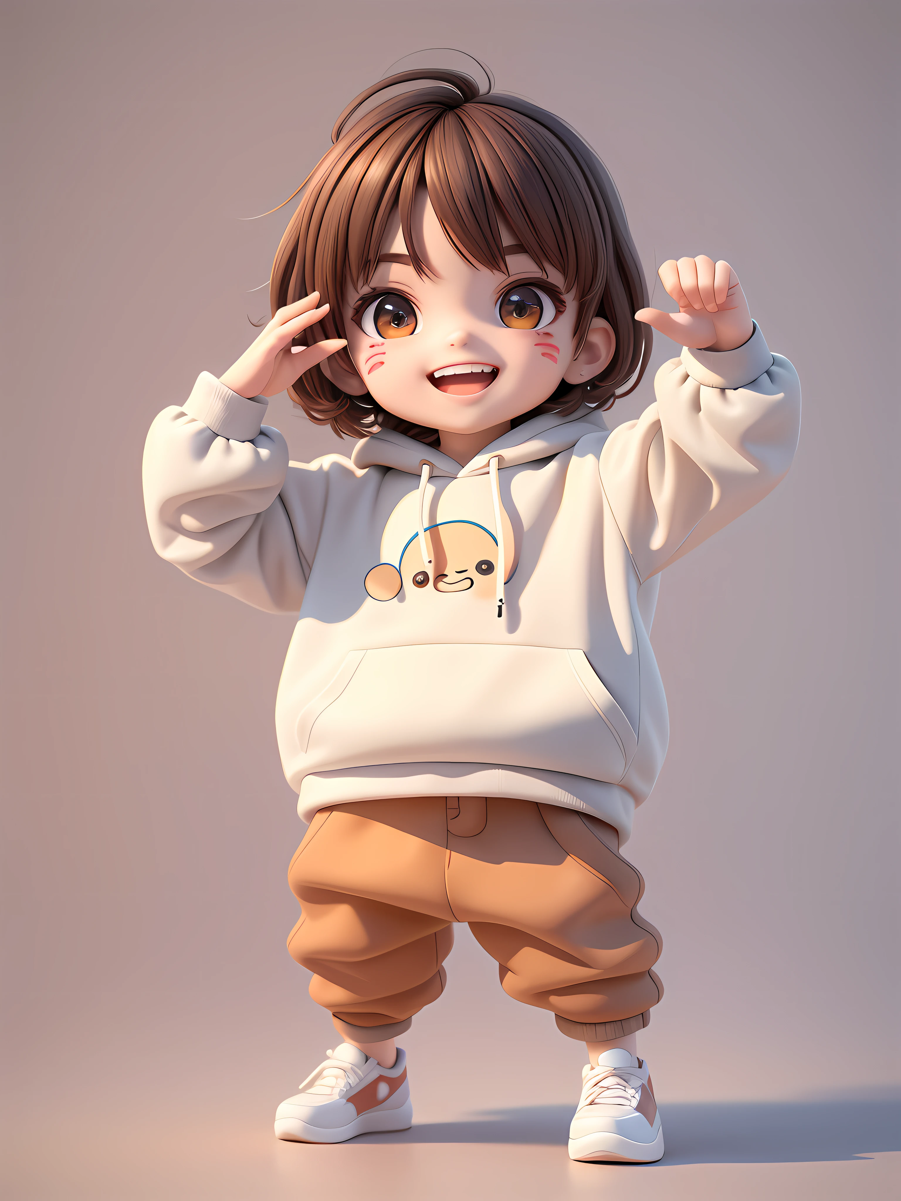 (Masterpiece), (Best Quality), (Ultra Detailed), (Full Body: 1.2), A Boy, Chibi, Cute, Smile, Open Mouth, Dancing, Dancing Hip Hop, Jumping Pose, Hoodie, Blush, Shirt, Short Hair, Brown Hair, Blush Stripe Sticker, Long Sleeves, Brunette Hair, Sneakers, Pants, 3D Clay Rendering, White Background, (Beautiful Detailed Face), (Beautiful Detail Eyes),
