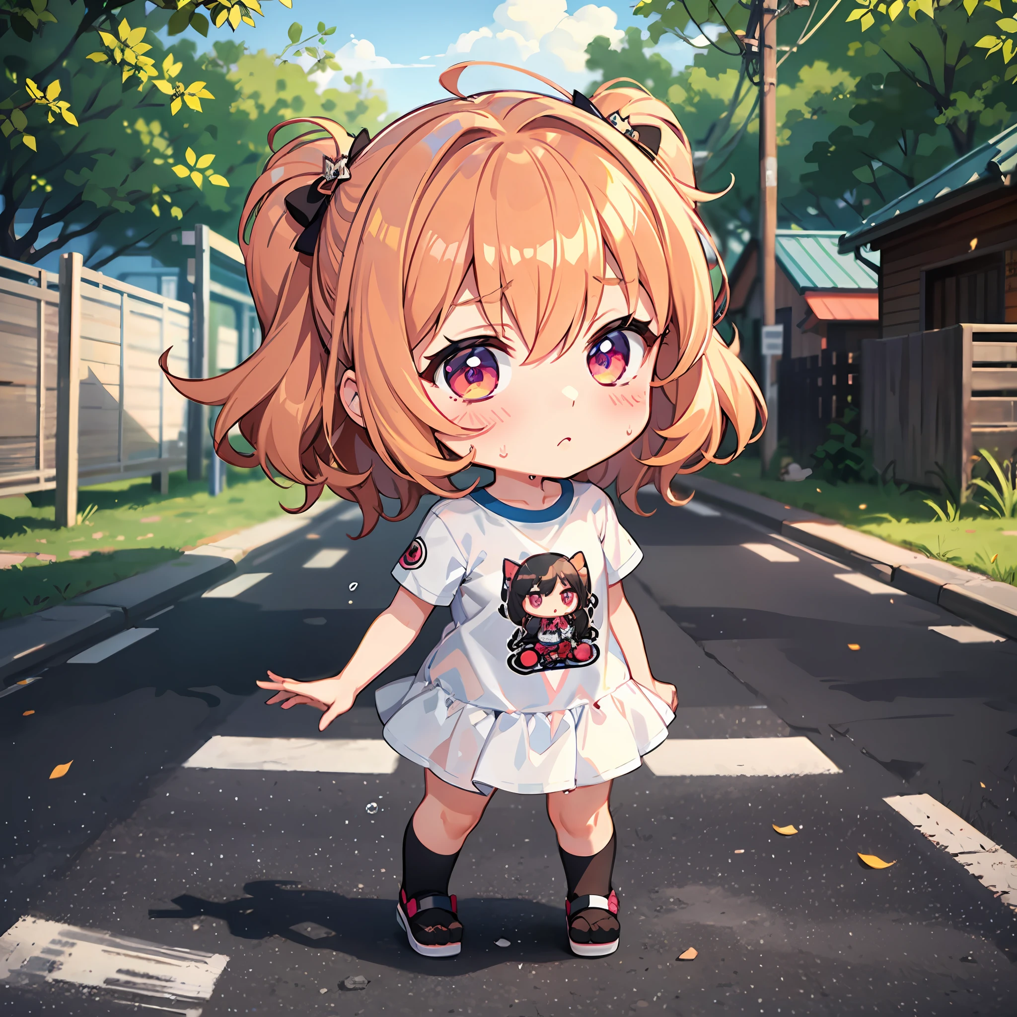 ((Chibi character)), sticker, intense heat, sunny weather, sweaty, sweaty lot, intense heat, midsummer, scorching sun, girl, lolita, lady pose, full body, deformed, chibi character, t-shirt design, summer heat, hot and dying, made background