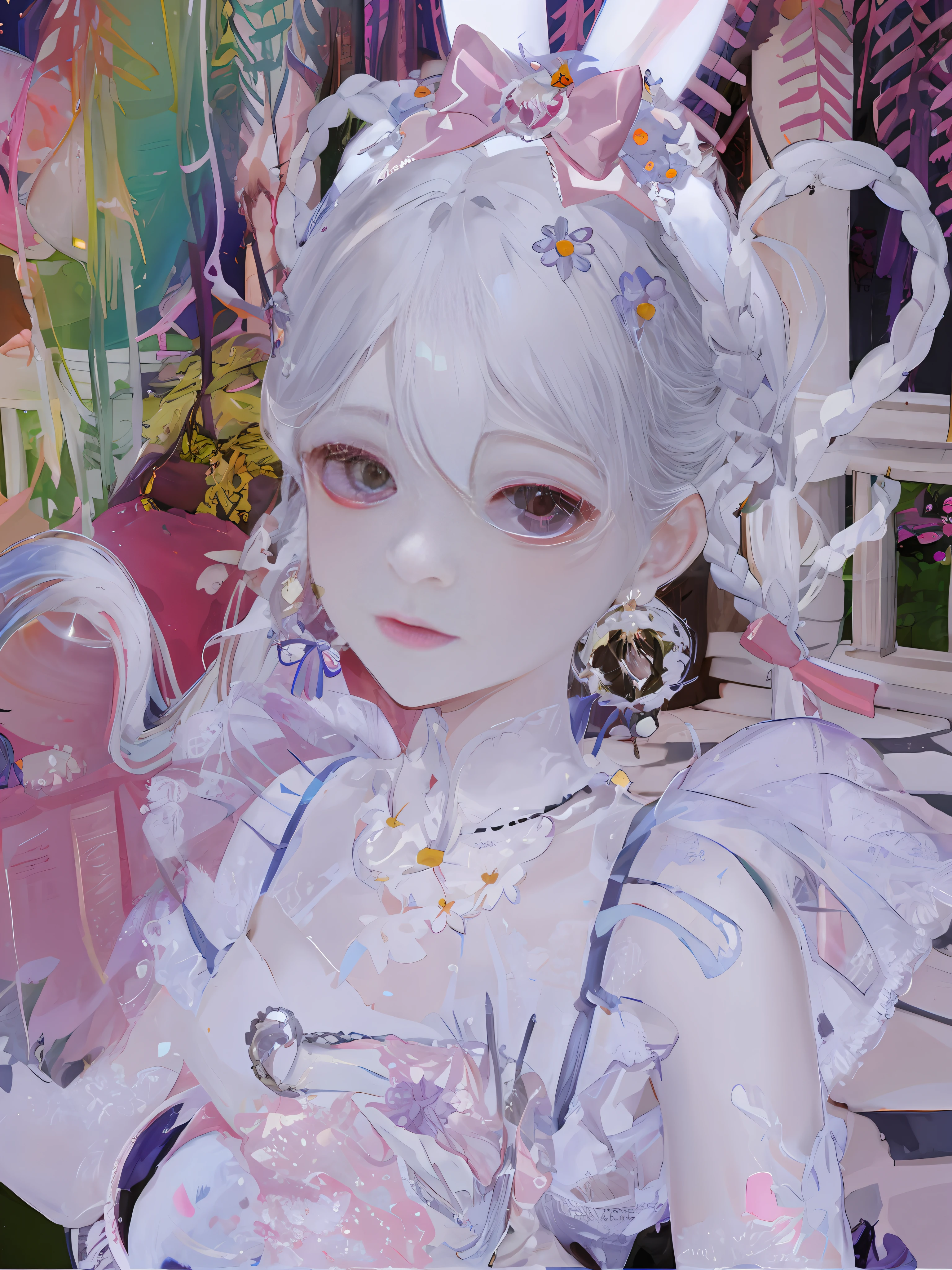 There is a girl with bunny ears and dress, fairy core, , guvitz, close-up character, pale milky porcelain skin, porcelain white skin, ball joint doll, CG society