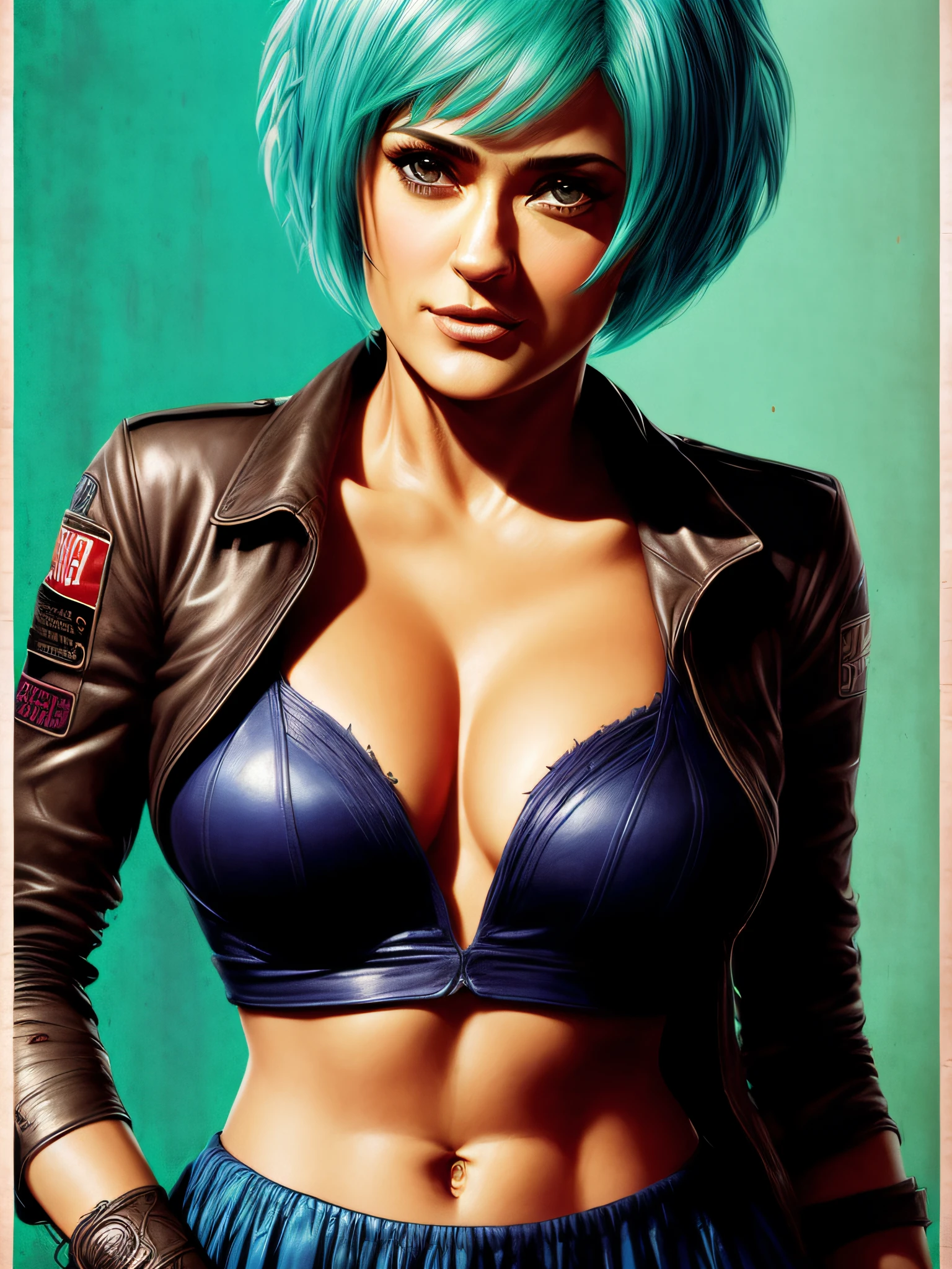 (Full portrait lone (Salma Hayek) as (Bulma:1.4 from DragonBall), (cleavage (large breasts), (stylish bob haircut), crop-top, (micro-skirt), pantyhose)1.2 (dressed as Android21), training to fight, front view, (high detailed skin:1.2)(realistic pupils,realistic iris:1), 8k uhd, aqua_hair)1.1, (vhs effect, (poster:1.6), poster on wall, nostalgia, movie poster, (skin texture), intricately detailed, fine details, hyperdetailed, raytracing, subsurface scattering, diffused soft lighting, shallow depth of field, by (Oliver Wetter)),  (Portrait full face focus)1.5