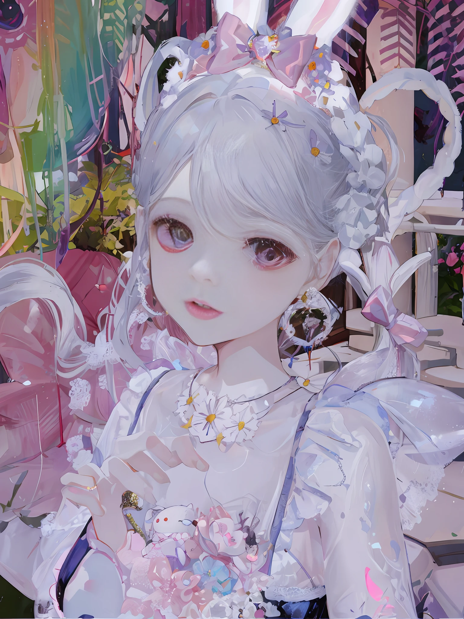 There is a girl with bunny ears and dress, fairy core, , guvitz, close-up character, pale milky porcelain skin, porcelain white skin, ball joint doll, CG society