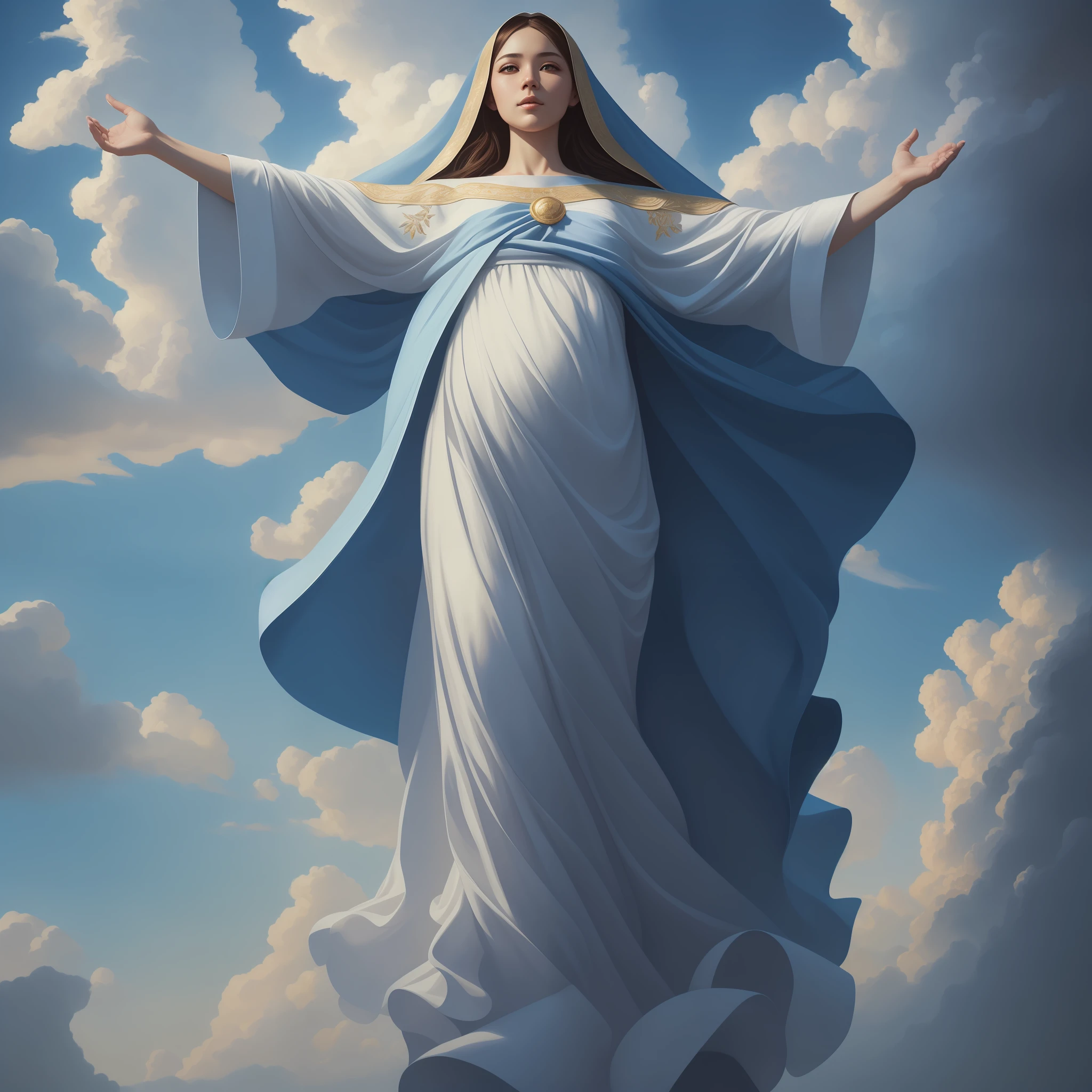 Virgin Mary with blue and white robe, with open arms, (Sky full of clouds), ((full body)), masterpiece, best quality, high quality, 8k wallpaper, award-winning photography, HDR, bloom, chromatic aberration, photorealistic, extremely detailed, intricate, high detail, dramatic, art in the middle of the journey, volumetric lighting, art by artgerm and ruan jia and greg rutkowski surreal painting (masterpiece, Side lighting, beautiful finely detailed eyes: 1.2), HDR, 8K, God Ray