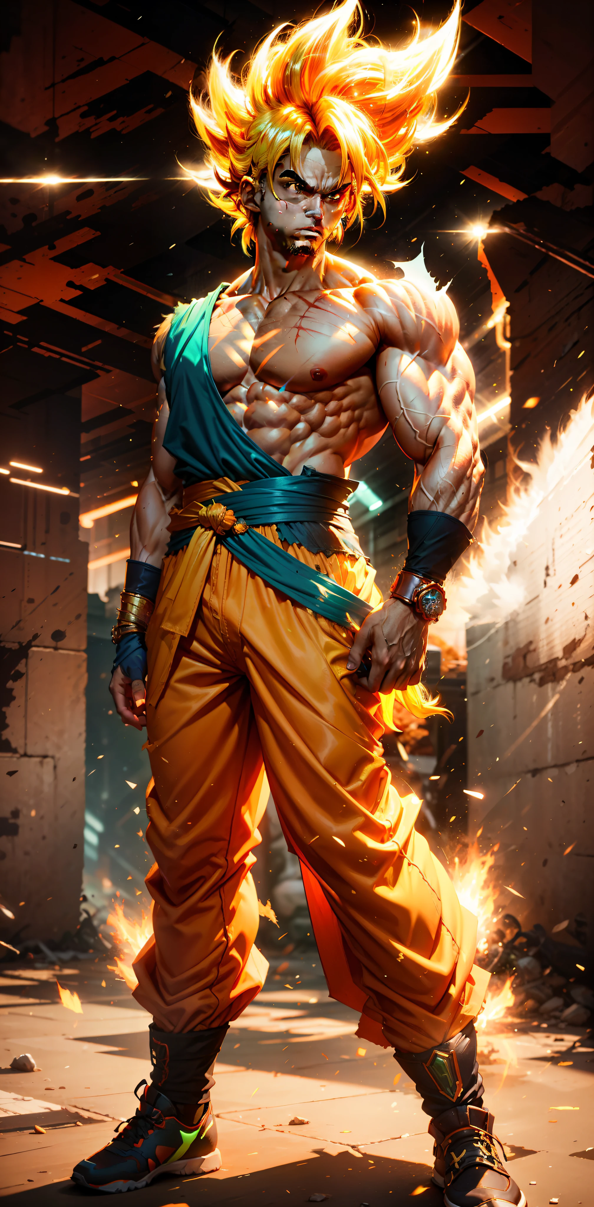 Goku, Adult man with long neon golden hair extremely muscular, defined muscles full of veins, dark orange colored clothing torn, blue bracelets on the wrists, serious face, neon green eyes, serious expression, muscle definition, large shoulders, rounded biceps, unreal engine 5.8k.