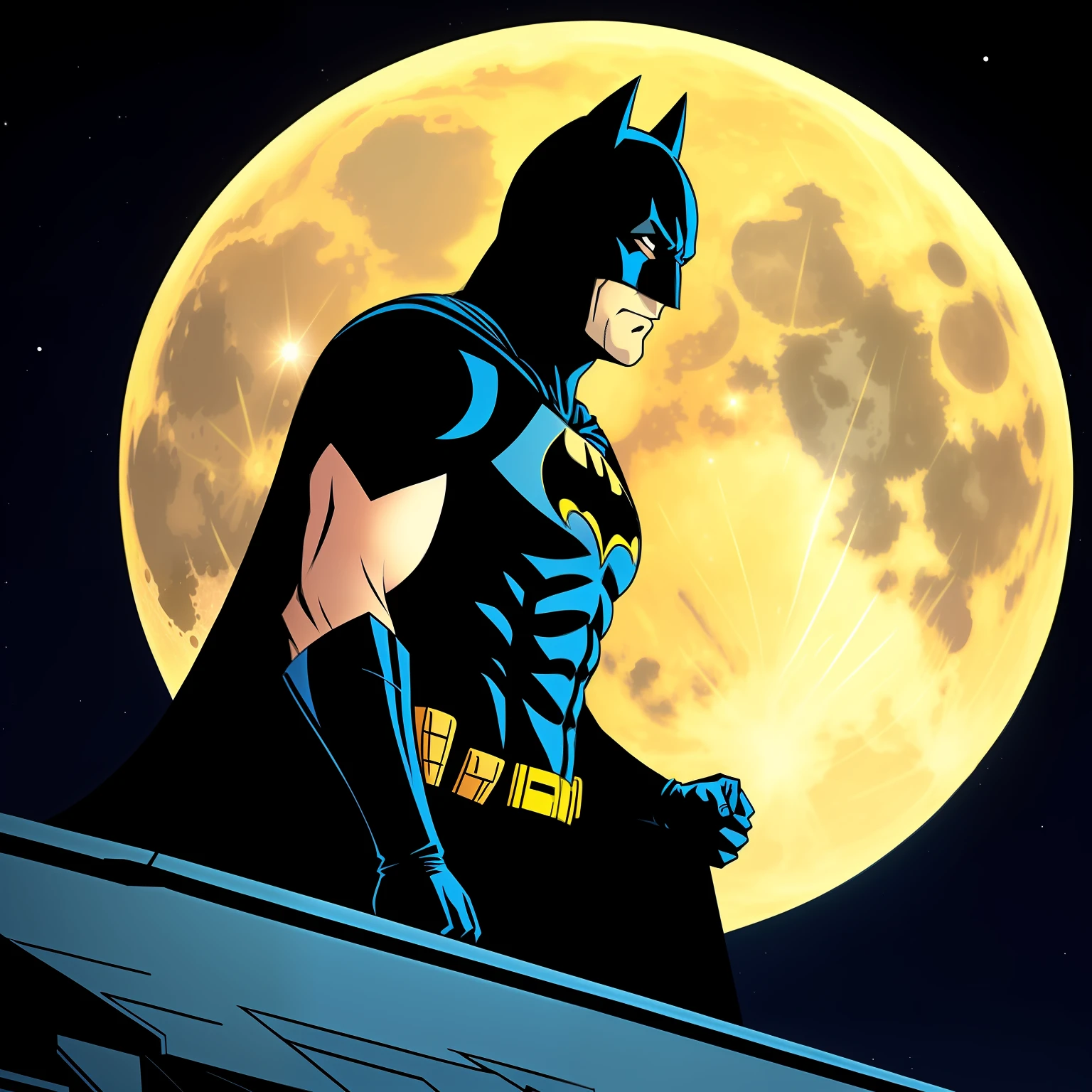 Batman hero dc cartoon style on top of a building. Against the moon