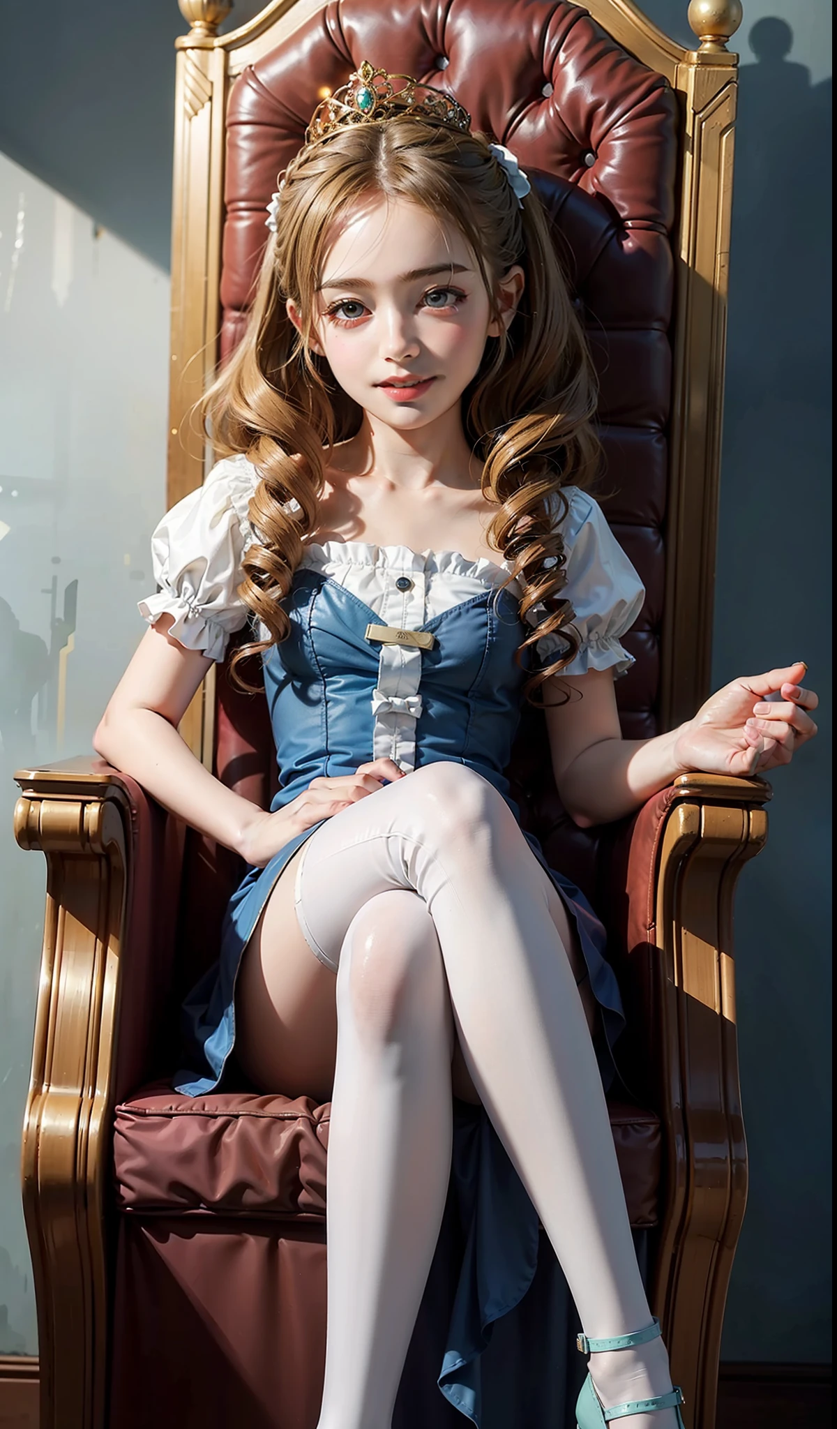 High resolution, extremely detailed, realism, palace, throne, loli, young girl, ((twin drills)), golden hair, curly hair, an innocent and cute eight-year-old girl, princess dress, white stockings, smile,