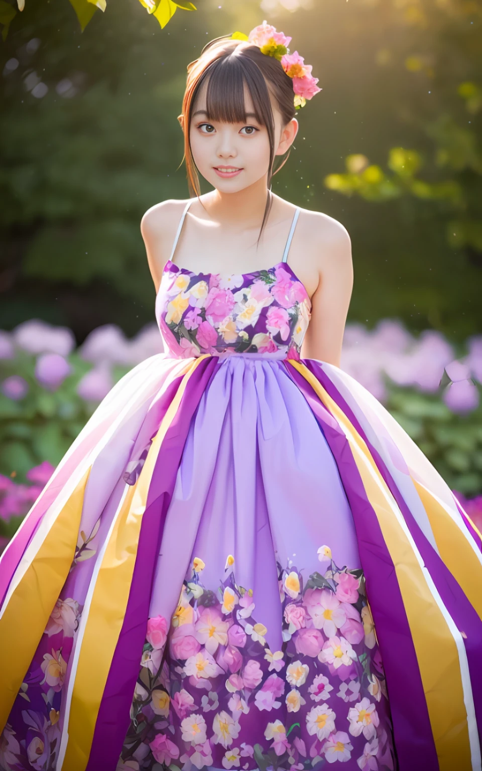 20 years old, twilight rays, hydrangea front bokeh, bokeh, photorealistic, background dark, smiling, (one girl), (sunset: 1.3), (8k, raw photography, best quality, masterpiece: 1.2), (realistic, photorealism: 1.37), best quality, ultra high resolution, (focus plane: 1.8), ( Portrait: 1.7), (Intense:1.1), (Details:1.1), (Highest Quality), (Analog:1.2), (High Sharp), Canon EOS R Photography, (Summer Dress:1.4), (Standing in a Flower Garden:1.3), (Vivid and Colorful:1.3)