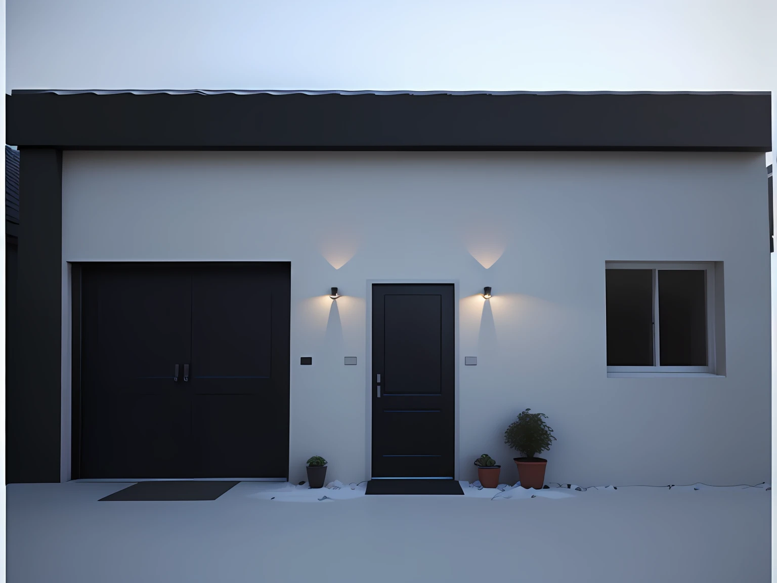 there is a white building with a black door and a light on, well lit 3 d render, 3 d render even lit, realistic establishing shot, semi - realistic render, highly photographic render, rendered lighting, realistic render, finalrender, photographic render, night time render, final render, in style of simplified realism, very realistic 3 d render, 2 d render