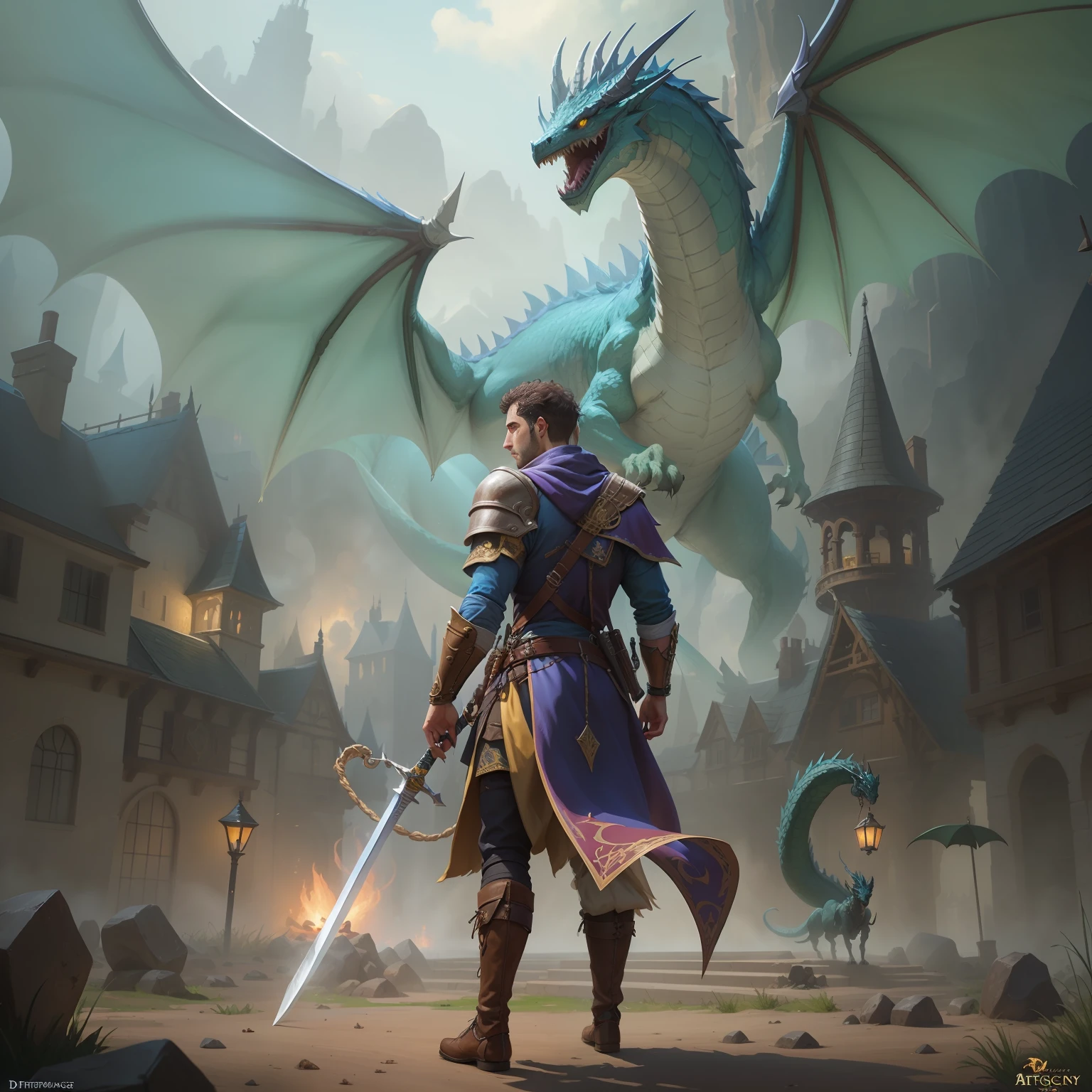 arafed image of a man with a sword and a dragon, fantasy card game art, d&d trending on artstation, dnd card art, high quality dnd illustration, d & d fantasy digital art, fantasy rpg book illustration, epic fantasy card game art, epic fantasty card game art, fantasy d & d art, d & d fantasy digital painting