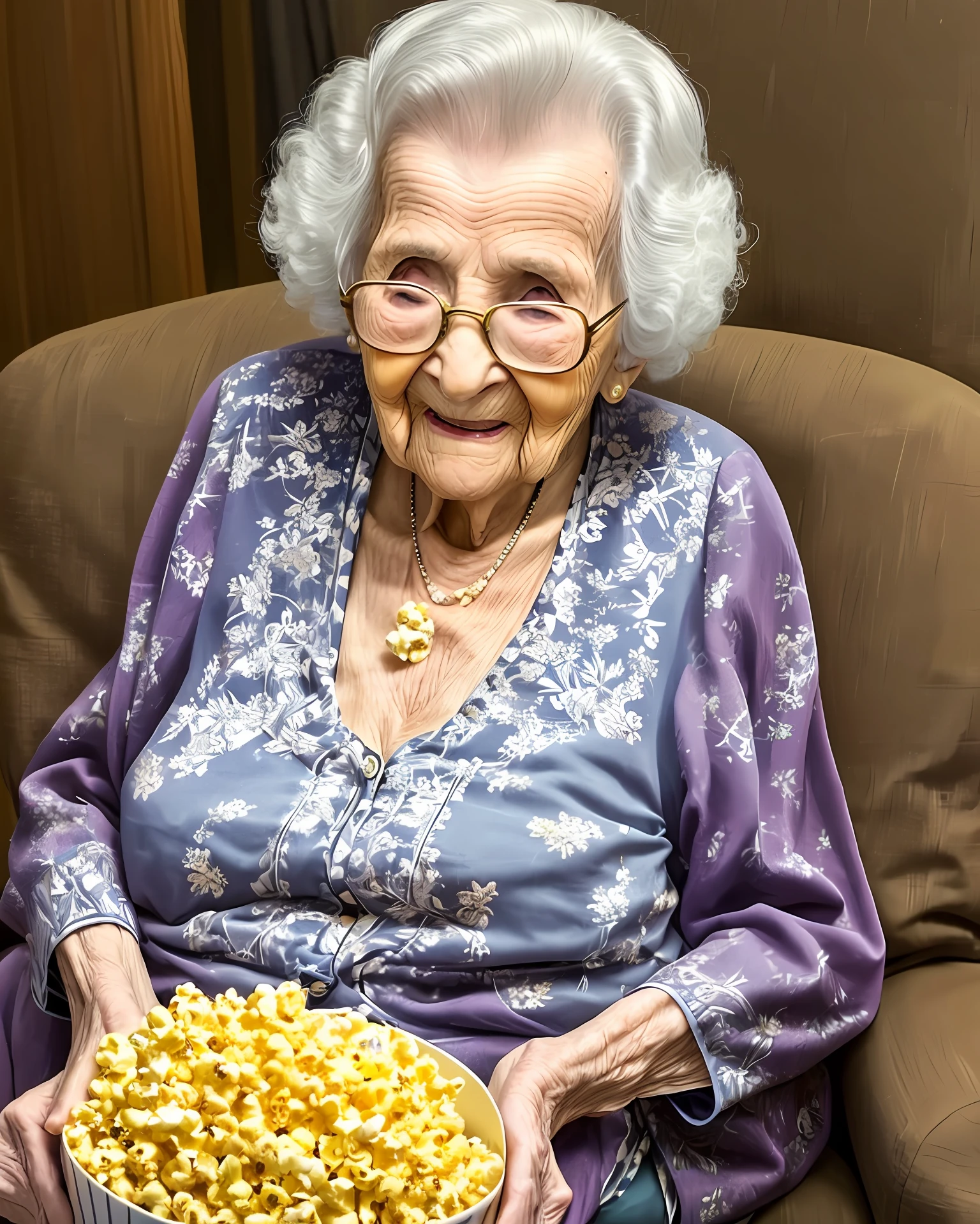 100 year old woman with cleavage eating popcorn