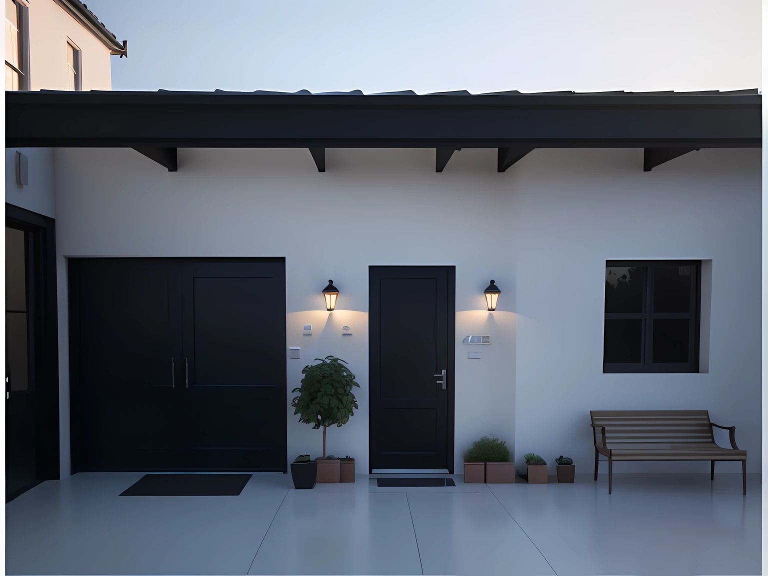 there is a white building with a black door and a light on, well lit 3 d render, 3 d render even lit, realistic establishing shot, semi - realistic render, highly photographic render, rendered lighting, realistic render, finalrender, photographic render, night time render, final render, in style of simplified realism, very realistic 3 d render, 2 d render
