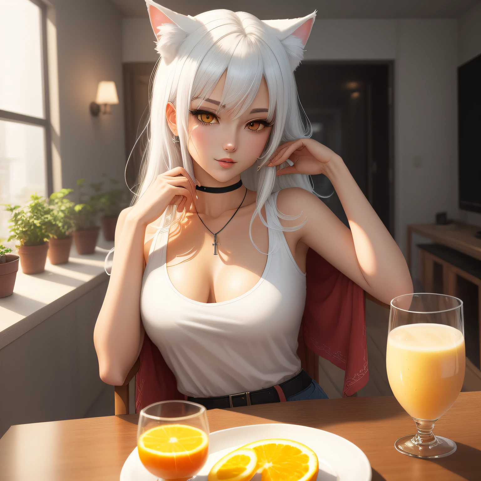 masterpiece, anime girl with white hair and cat ears holding a glass of orange juice, white - haired fox, commission for high res, sfw version, white cat girl, tifa lockhart with white hair, oc commission, white haired, seductive anime girl, beautiful anime catgirl, perfect white haired girl, white fox anime, ahri, anime catgirl, [ 4k digital art ]