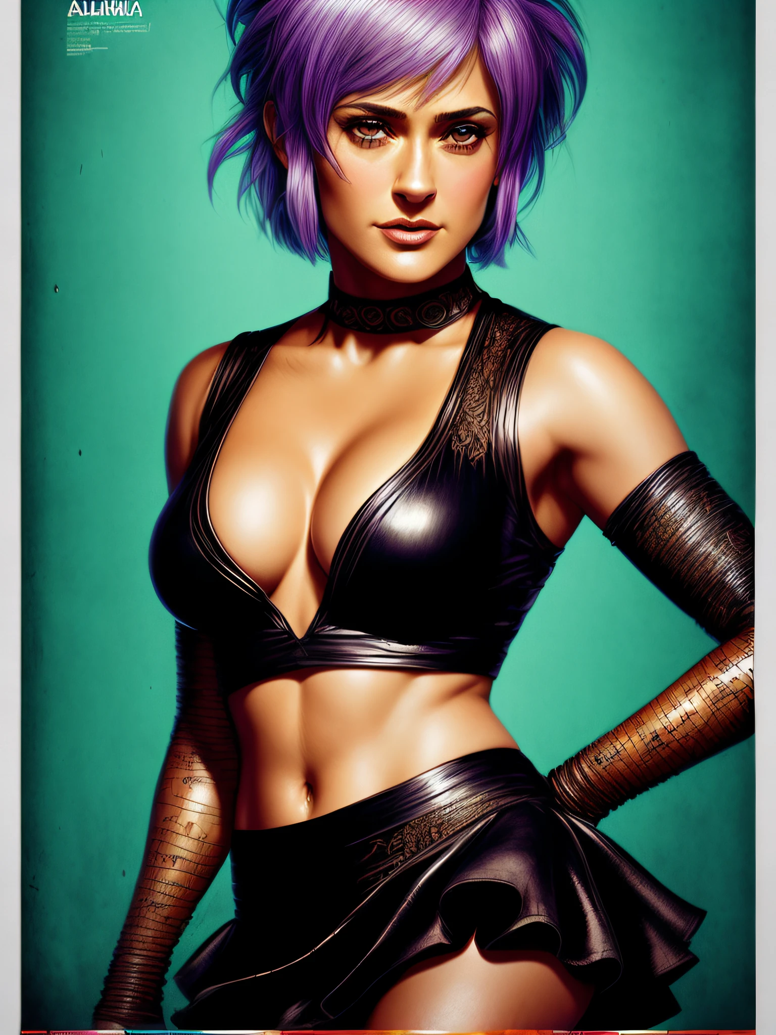 (Full portrait lone (Salma Hayek) as (Bulma:1.4 from DragonBall), (cleavage (large breasts), (stylish bob haircut), crop-top, (micro-skirt), pantyhose)1.2 (dressed as Sexy BadAss), training to fight, front view, (high detailed skin:1.2)(realistic pupils,realistic iris:1), 8k uhd, aqua_hair)1.1, (vhs effect, (poster:1.6), poster on wall, nostalgia, movie poster, (skin texture), intricately detailed, fine details, hyperdetailed, raytracing, subsurface scattering, diffused soft lighting, shallow depth of field, by (Oliver Wetter)), (Portrait full face focus)1.5