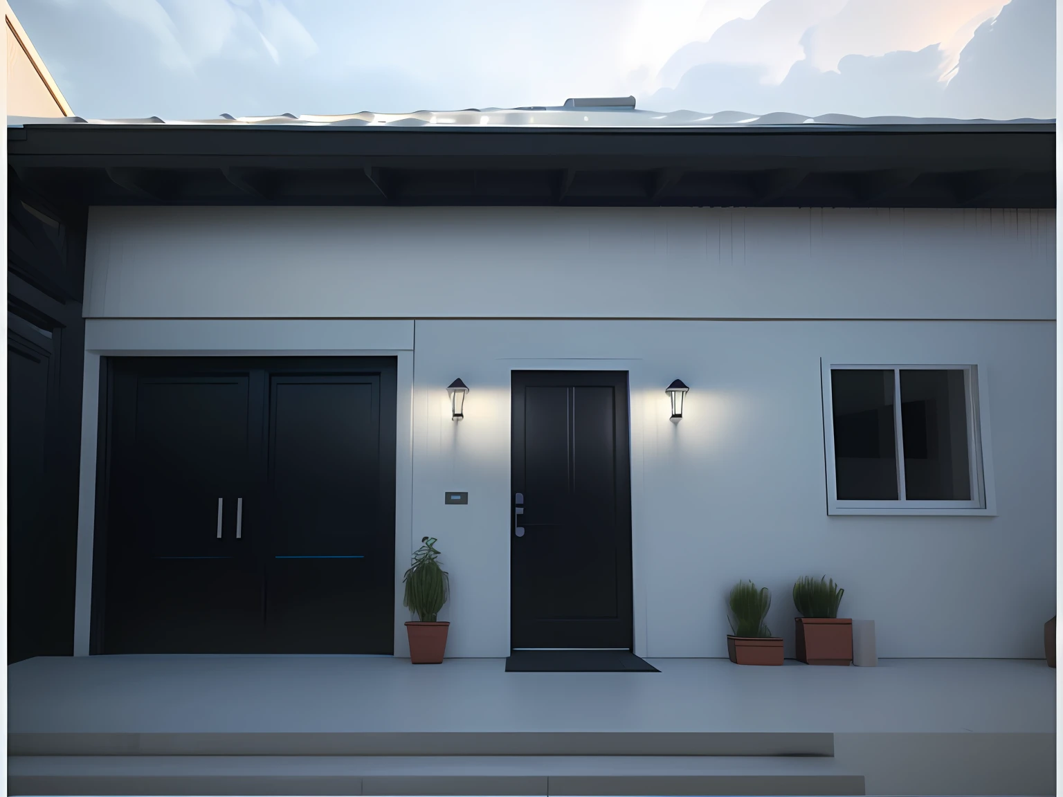 there is a white building with a black door and a light on, well lit 3 d render, 3 d render even lit, realistic establishing shot, semi - realistic render, highly photographic render, rendered lighting, realistic render, finalrender, photographic render, night time render, final render, in style of simplified realism, very realistic 3 d render, 2 d render