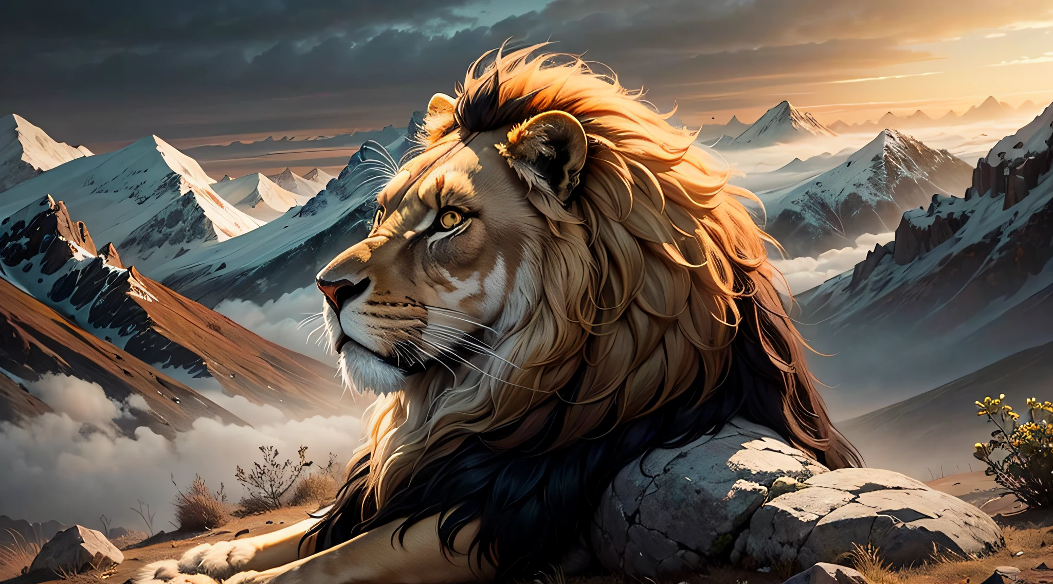 Lion profile on a foggy mountain, realistic, best quality --auto