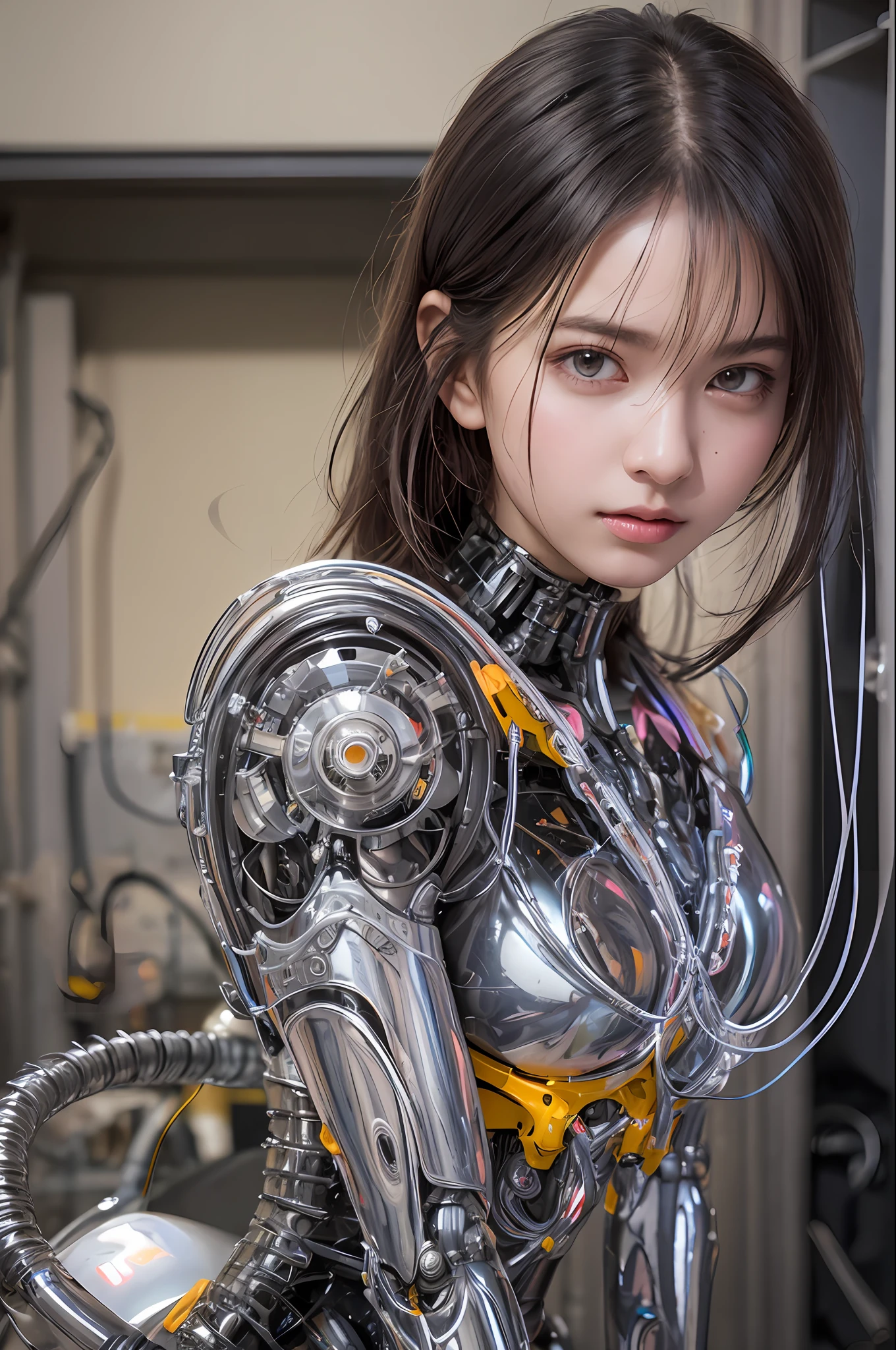 Top Quality, Masterpiece, Ultra High Resolution, (Photorealistic: 1.4), Raw Photo, 1 Girl, Black Hair, Glossy Skin, 1 Mechanical Girl, (Ultra Realistic Details)), Portrait, Global Illumination, Shadows, Octane Rendering, 8K, Ultra Sharp, Glossy Skin, Realistic Skin, Big, Cleavage Exposed Raw Skin, Metal, Intricate Ornaments Details, Postmodern details, very intricate details, realistic light, CGSoation trend, purple eyes, glowing eyes, facing the camera, neon details, mechanical limbs, blood vessels connected to tubes, mechanical vertebrae attached to the back, mechanical cervical attachment to the neck, sitting, wires and cables connecting to the head, analog meters, pressure gauges, vacuum tubes, gears, Small LED lamp, background is a futuristic server room,