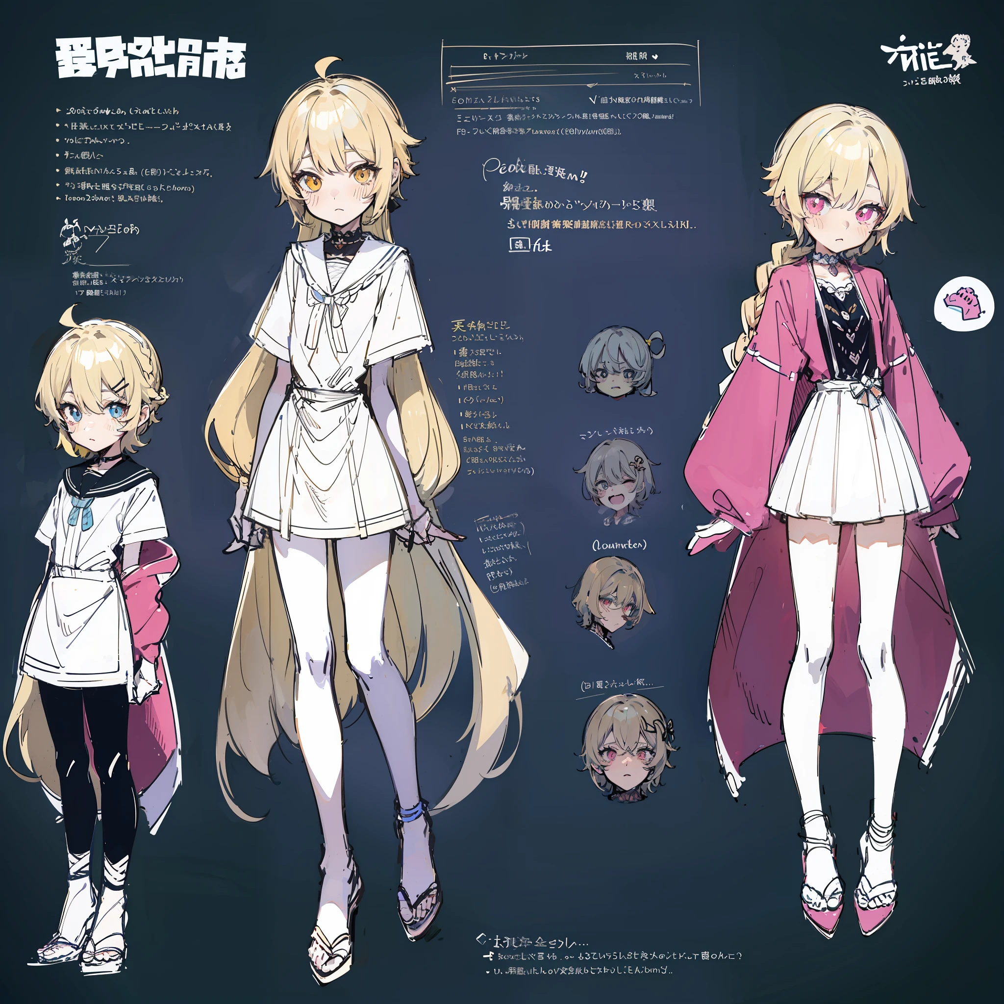 (character design sheet, ((same character)), front, side, back), 2d anime style, anime moe art style, 1boy, genderless, pink hair, long bangs, a slender twisted braid, golden eyes, glowing eyes, one-piece swimsuit, white tights, black hands with black claws, cute art style, anime style illustration, by Kamagurka, in pixiv, pixiv style, pixiv, In anime style, anime art style, full body commission