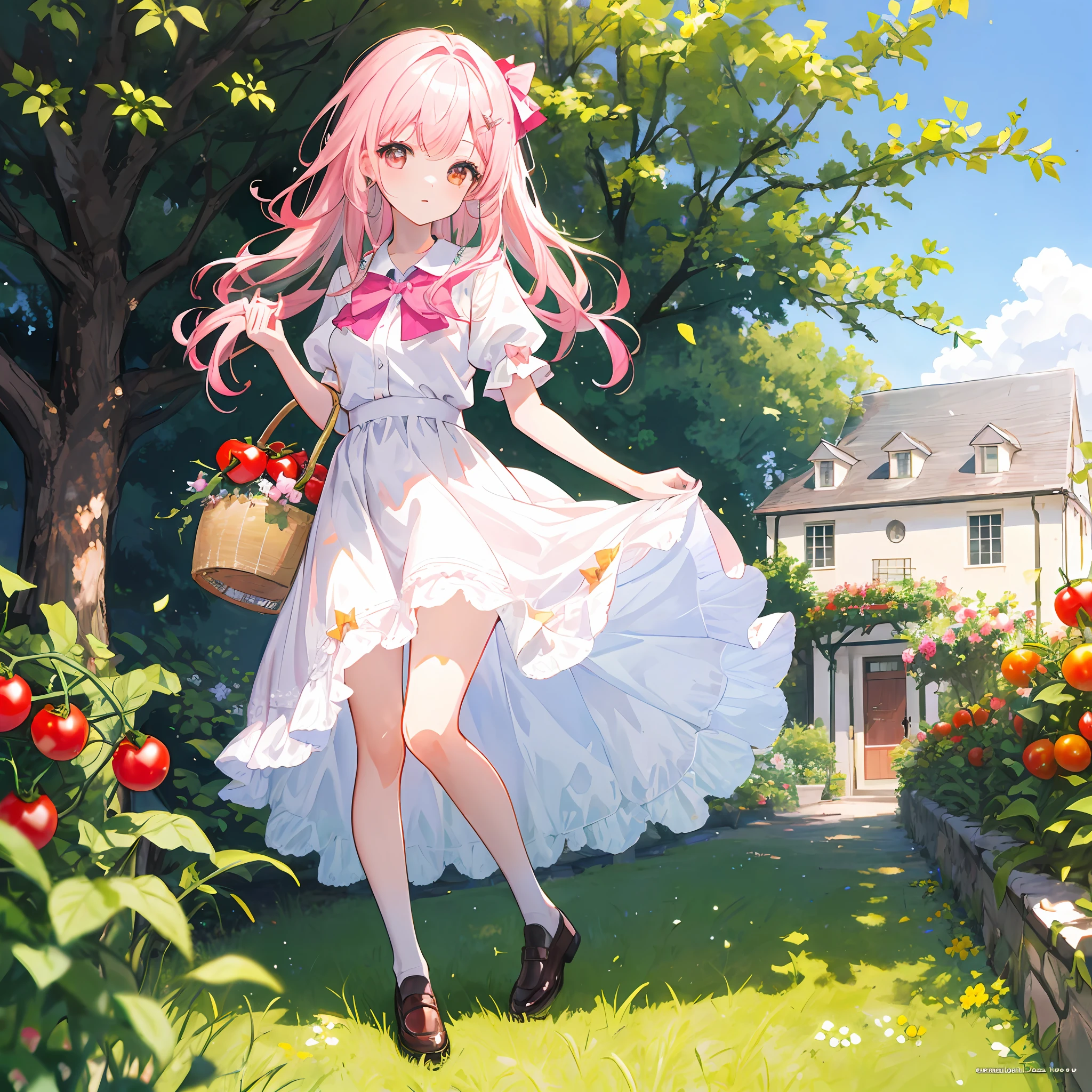 Top quality, masterpiece, high resolution, highly detailed, 8k, one girl, cute, anime, crystal clear white skin, sensual, full body, 2nd grade of junior high school, , (hair color is shiny light pink), beautiful cute, bow on head, too many hair ornaments, tiered layers skirt, dress, cherry tomatoes planting in the garden of the house, Holding harvested cherry tomatoes in a basket with both hands, miniskirt, lift skirt, wind