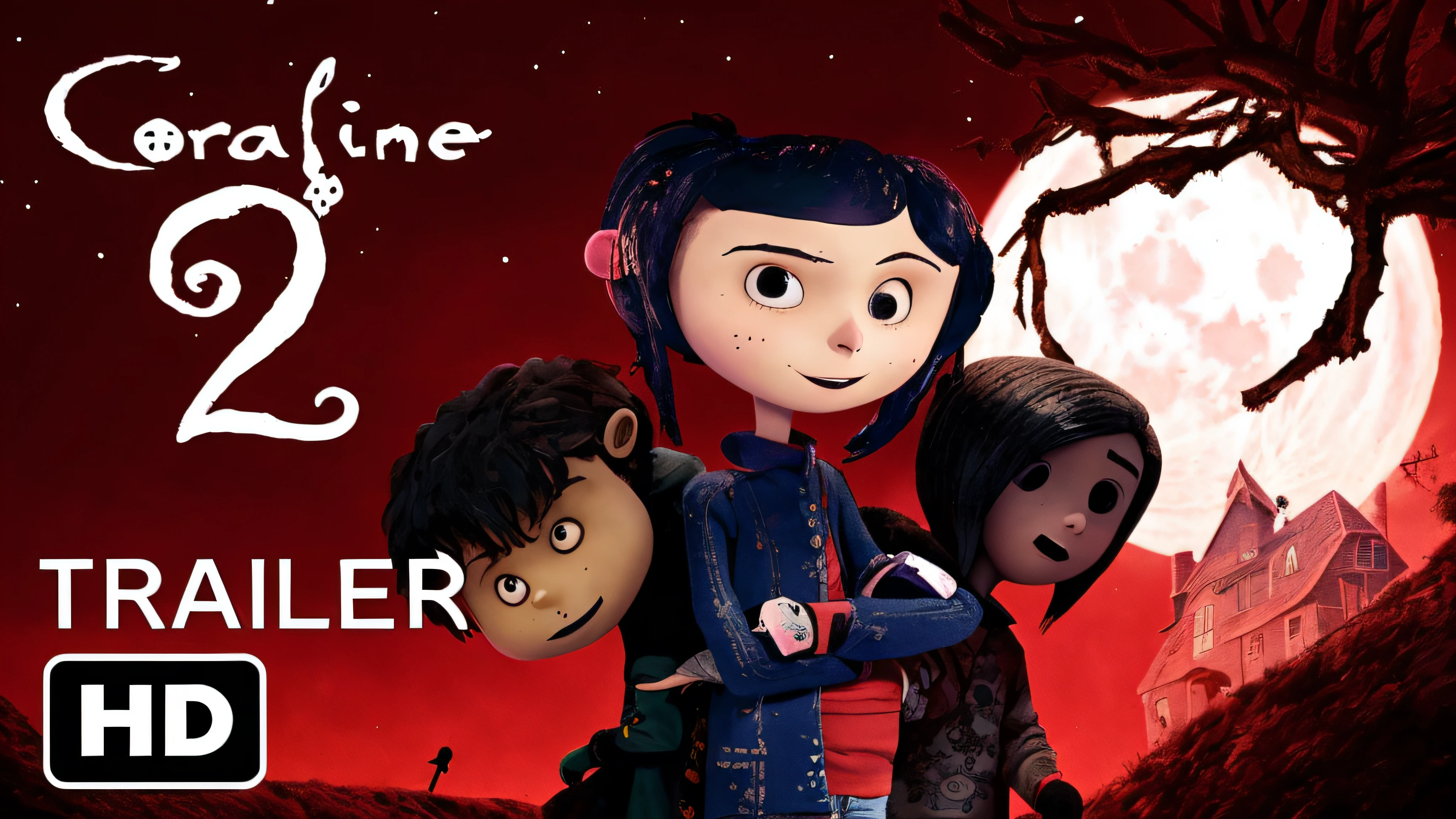 a cartoon movie with a girl and a boy standing in front of a full moon, coraline, animated movie, a tim burton film, in a tim burton movie, the'other mother'from'coraline ', in style of tim burton, animated film, teaser trailer footage, children's animated films, still from animated horror movie, movie promotional image --auto