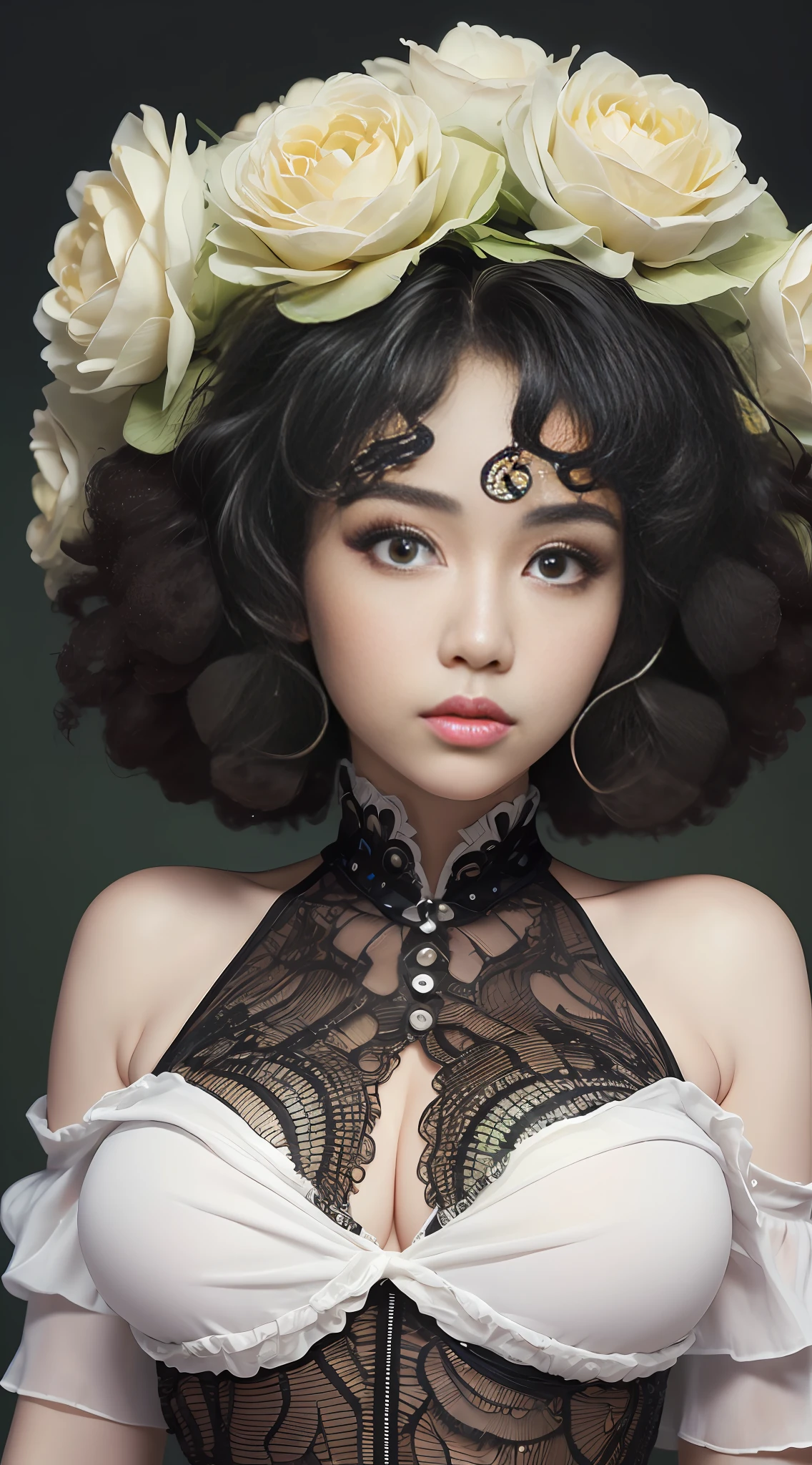 Girl Highly Detailed Face and Skin Texture, ((white skin)) big green eyes, slim face, juicy lips, bimbo lips, big puffy breast, ((afro curly Black hair)), pale skin, Detailed Eyes, Double Eyelids,