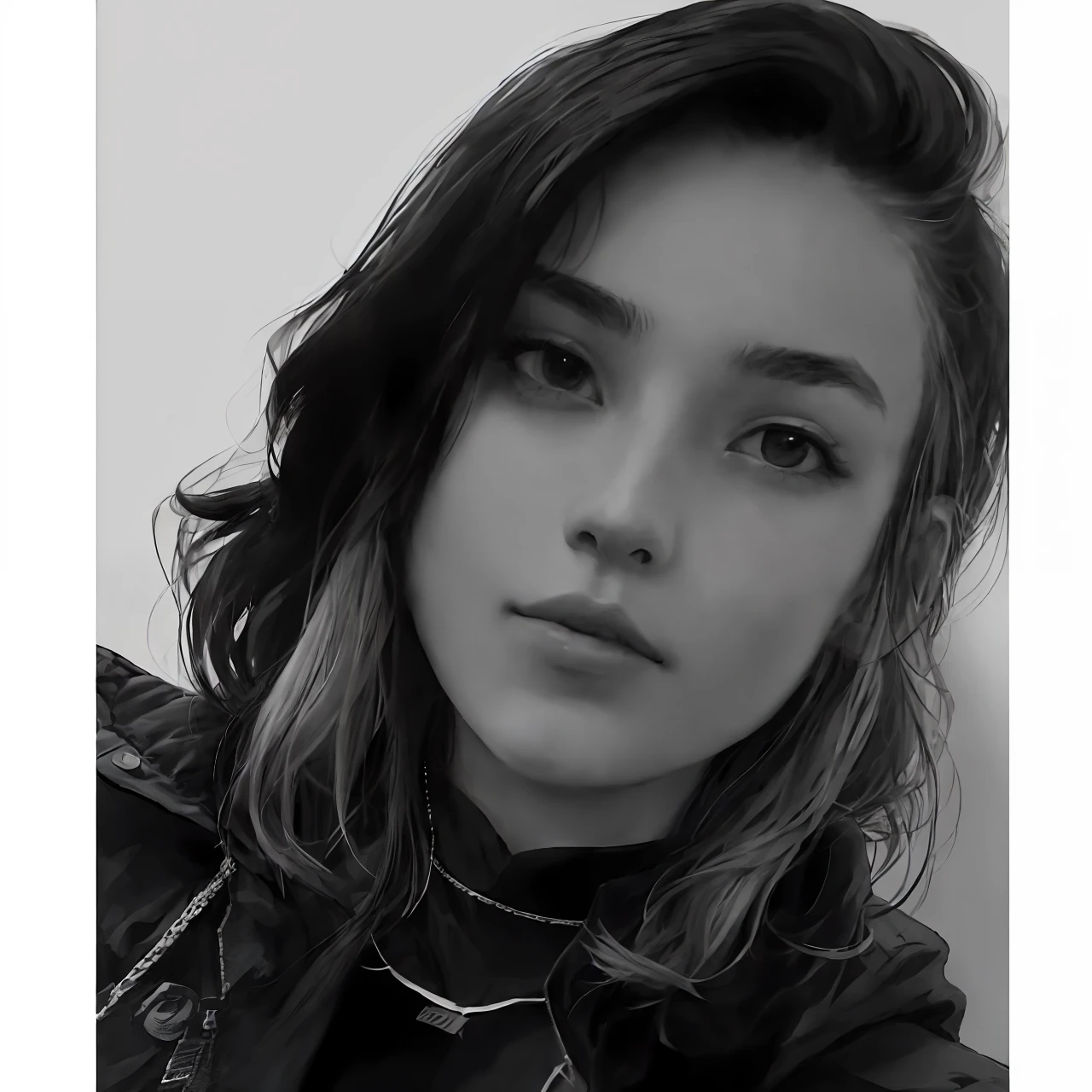 a close up of a woman with a black jacket and a necklace, 🤤 girl portrait, black and white picture, solo portrait 🎨🖌️, 19-year-old girl, high quality portrait, headshot profile picture, instagram picture, halfbody headshot, she is about 1 6 , 1 / 2 headshot