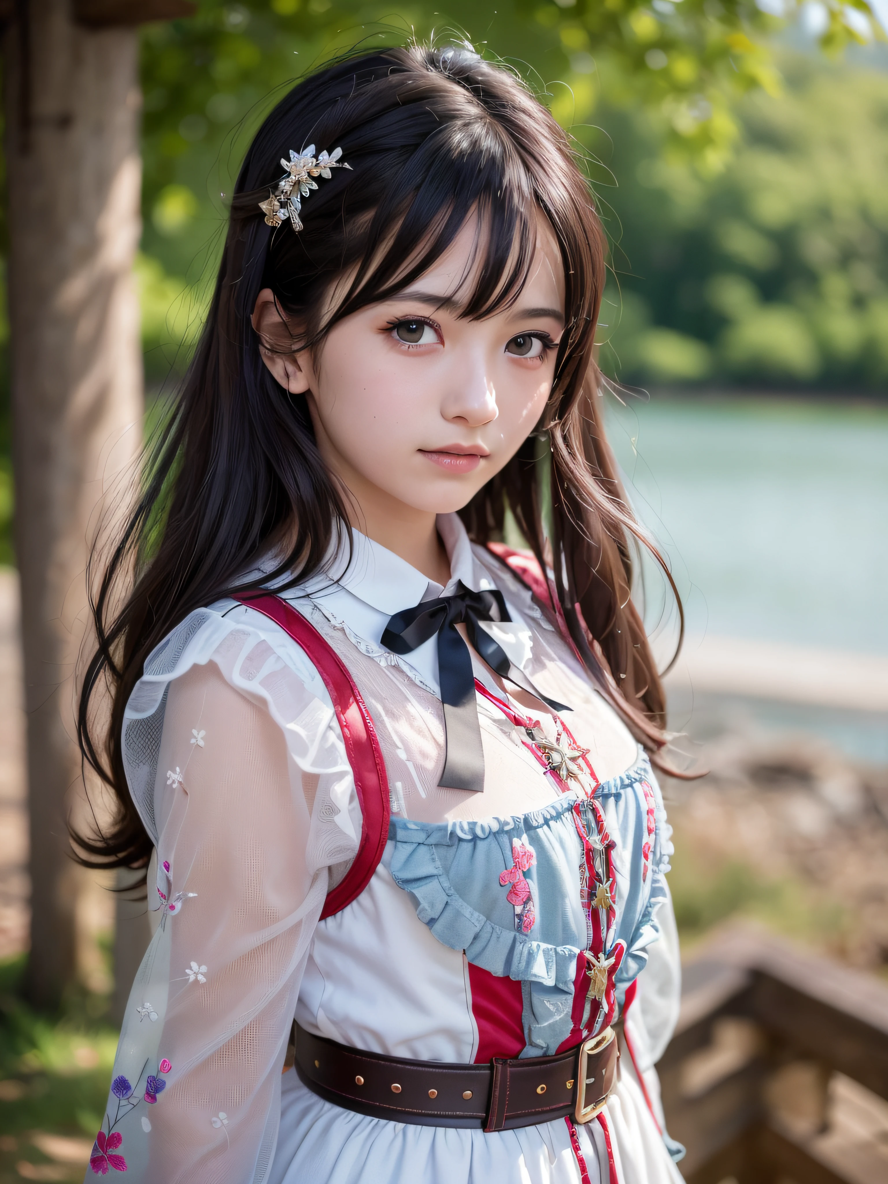 (realistic, photo-realistic:1.37), incredibly absurdres, (insanely detailed:1.3), 8k, (masterpiece), (best quality:1.4), (ultra high res:1.2), (RAW photo:1.2), ultra detailed background, (unity 8k wallpaper), 1 nogizaka girl, utterly cute, (((bishojo:1.3))), (((:1.3))), (chiemsee tracht), an exquisitely detailed and beautiful face and eyes and skin, detailed black shine hair, small-medium breasts, a chiemsee tracht with delicate and beautiful soft fabric, smile at the camera, cowboy shot, scenery of lake geneva, professional lighting