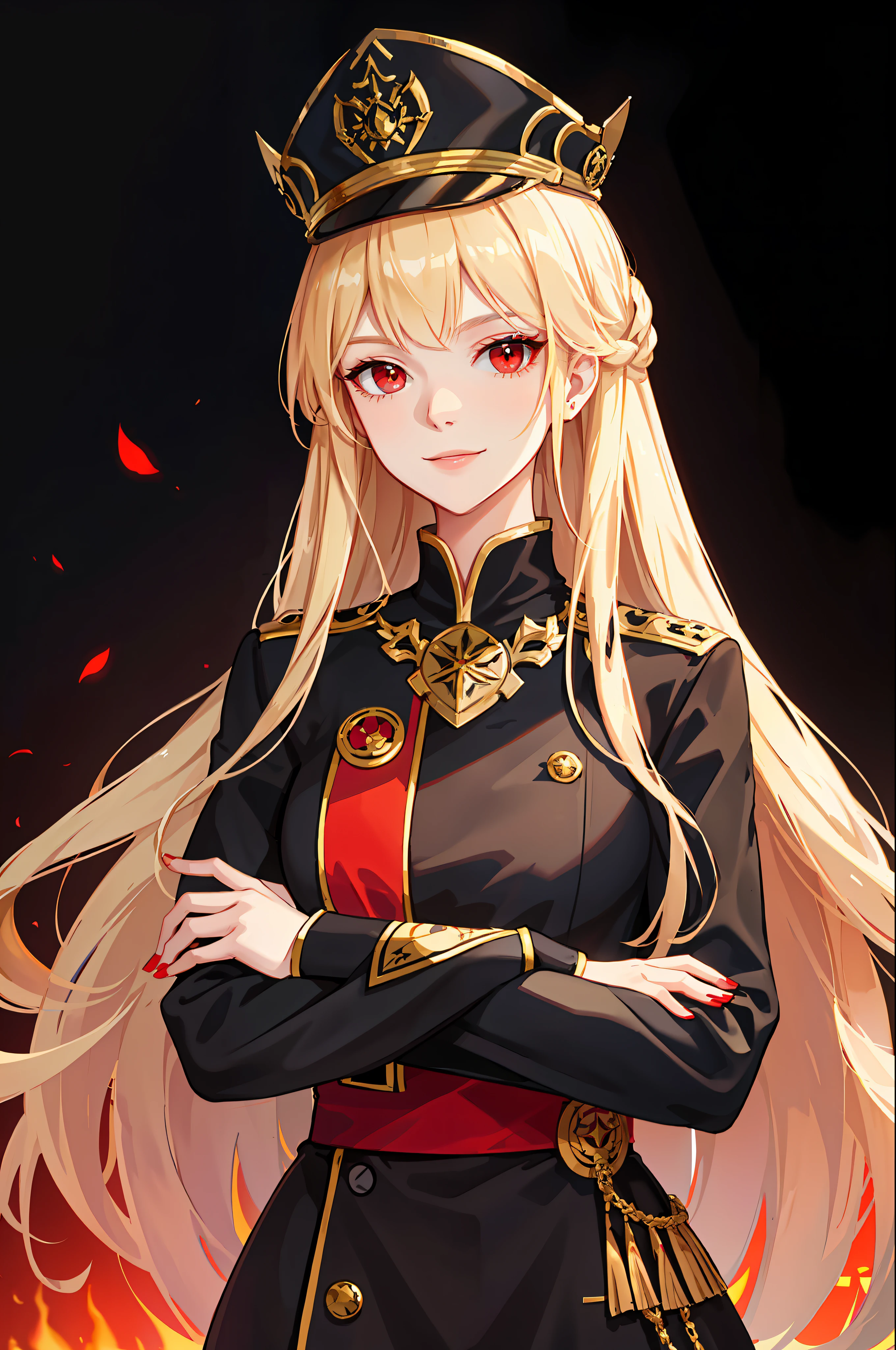 Portrait of a beautiful young woman, villain, evil smile, red eyes, blond long hair, black general's uniform, empire