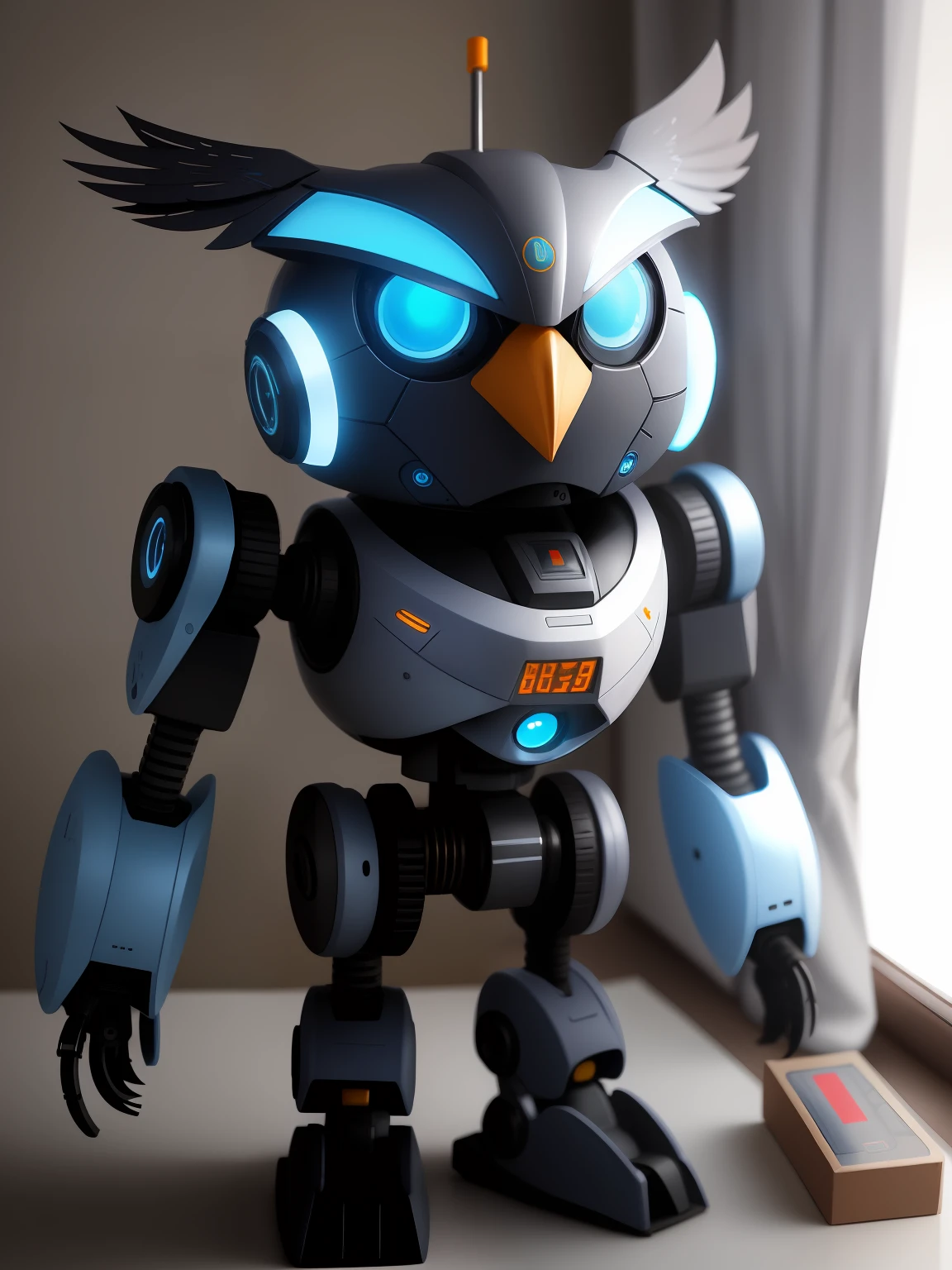 robot owl, high-tech, highly detailed, in blue and silver color
