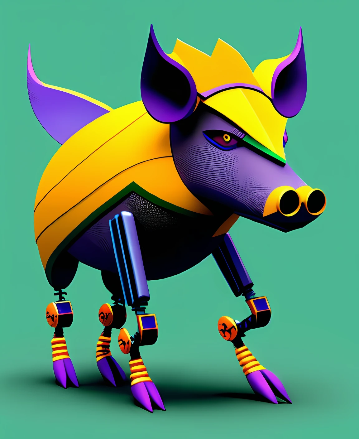 Prompt: Describe in detail a cybernetic-looking mascot of the Palmeiras soccer team, based on a wild boar, in an anime style.
The cybernetic mascot of Palmeiras is a futuristic and exciting interpretation of the wild boar, the team's symbol animal. It combines elements of wild nature with a cybernetic appearance, creating a unique and impactful look.
The mascot has a muscular and robust body, with a metallic armor that surrounds its boar form. The armor has vibrant green accents, representing the club's colors, and streamlined lines that highlight its agility.
His head is imposing, with bright eyes in shades of intense green, conveying an aura of strength and determination. Sharp, curved fangs underscore its fierce nature, while cybernetic details such as metal implants and light circuits show its technological transformation.
The mascot has powerful and agile legs, with metallic hooves that stand out against the armor. His movement is graceful and powerful, revealing his agility and dexterity on the field.
A striking detail is the presence of propulsion jets triggered on the back of the mascot, allowing high heels and fast displacements, giving it an even more imposing appearance.
In moments of celebration or victory, the mascot displays its special abilities. Through cybernetic visual effects, green-hued flames erupt from his armor, highlighting the club's energy and passion.
The cybernetic mascot of Palmeiras embodies the wild and competitive spirit of the team, bringing with it the aura of a new era, where technology and nature merge harmoniously.
Create a detailed illustration of this cybernetic mascot of Palmeiras in an anime style, showing its grandeur and personality, while highlighting the colors and symbols of the club.