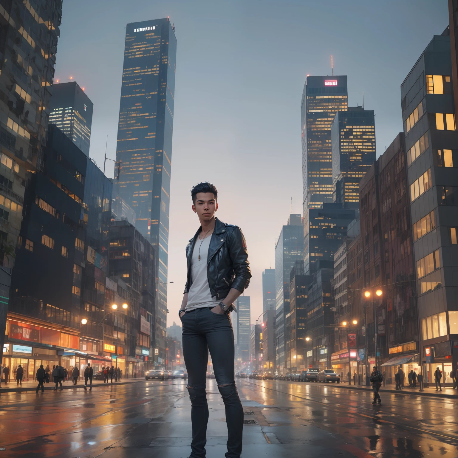 Young man with a Latin American appearance, wandering in the middle of a futuristic cyberpunk city --auto