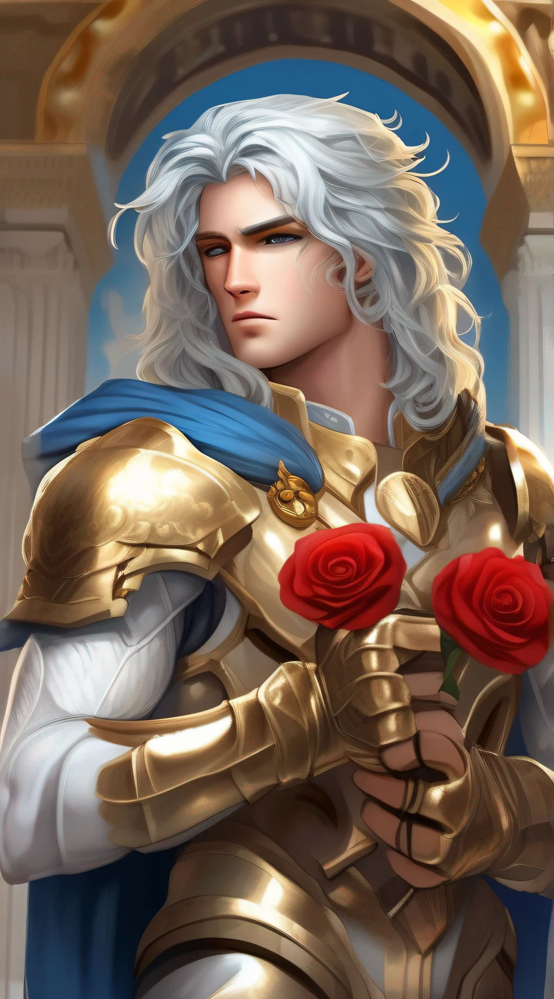 masterpiece, best quality, masterpiece, detailed face, detailed eyes, full body, golden armor, black scarf, ruins of the greek temple Atlantis, fighting pose, man 18 years, white skin, light blue hair, wavy long hair, blue eyes, holding a red rose in hand, pisces_armor, gold armor,