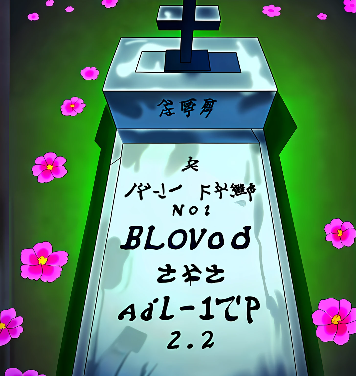 A funeral, in the anime One Piece style, with no people around, with several flowers around it, with the name written on the tombstone "Dante BlackWood" and a slightly bloodied pink apron on top of the grave