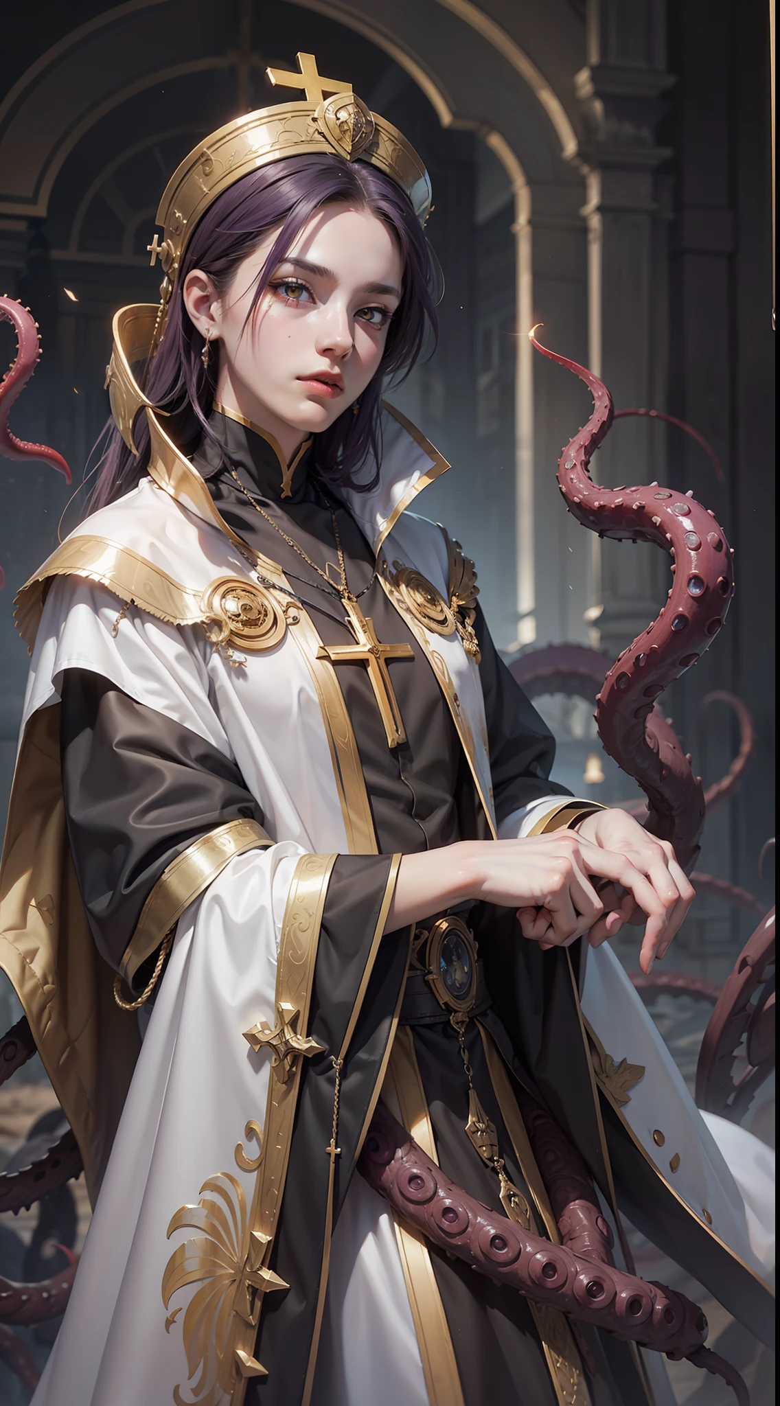(Very detailed wallpaper 8k), medium shot, ((male:1.5)),male embodiment of lust in the form of a priest, a guy, a sharp chin, cheekbones, manhwa style, yellow eyes, cassock, a cross around the neck, tentacles come out from under the floor.medium purple hair, priest's vestments with tentacles warm moonlight, detailed art, cartoon, fantasy, fantasy, intricate, elegant, highly detailed, digital painting, art station, concept art, matte, clear focus, illustration. Very High Resolution, Masterpiece, Stunning, Trendy ArtStation, 8K, UHD, Intricate, High Detail, Dramatic
