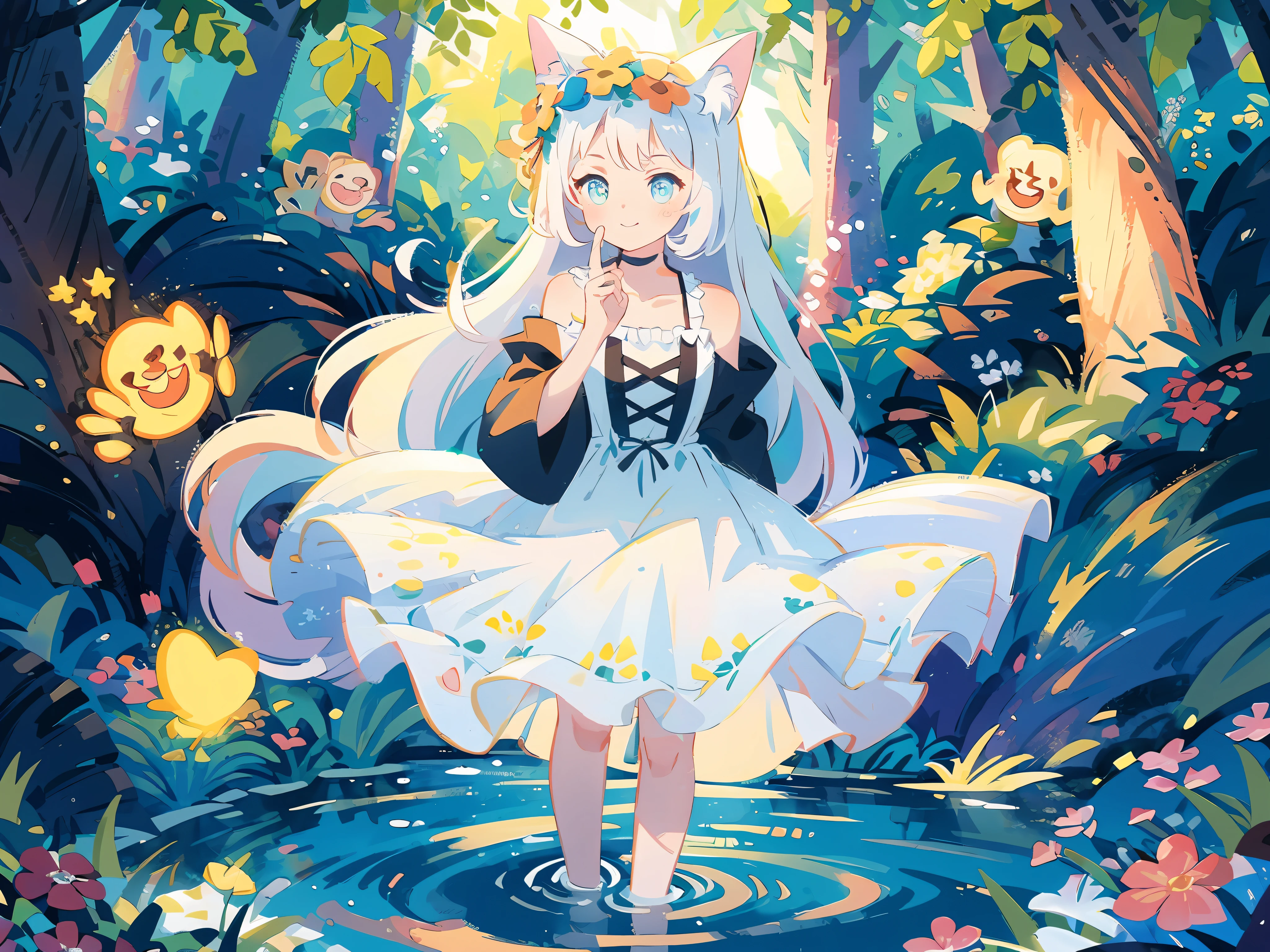 (highest quality), (masterpiece: 1.2), (colorful: 0.9), (ink splash)), (color splashing), (watercolor)))), clear focus, model shot, full body,
(Summer Portrait Goddess: 1.5), cute look, cat ears, elegant white colored hair, beautiful detailed face and eyes, elegant goddess clothes, ((Summer forest background)),
Colored Water, Forest