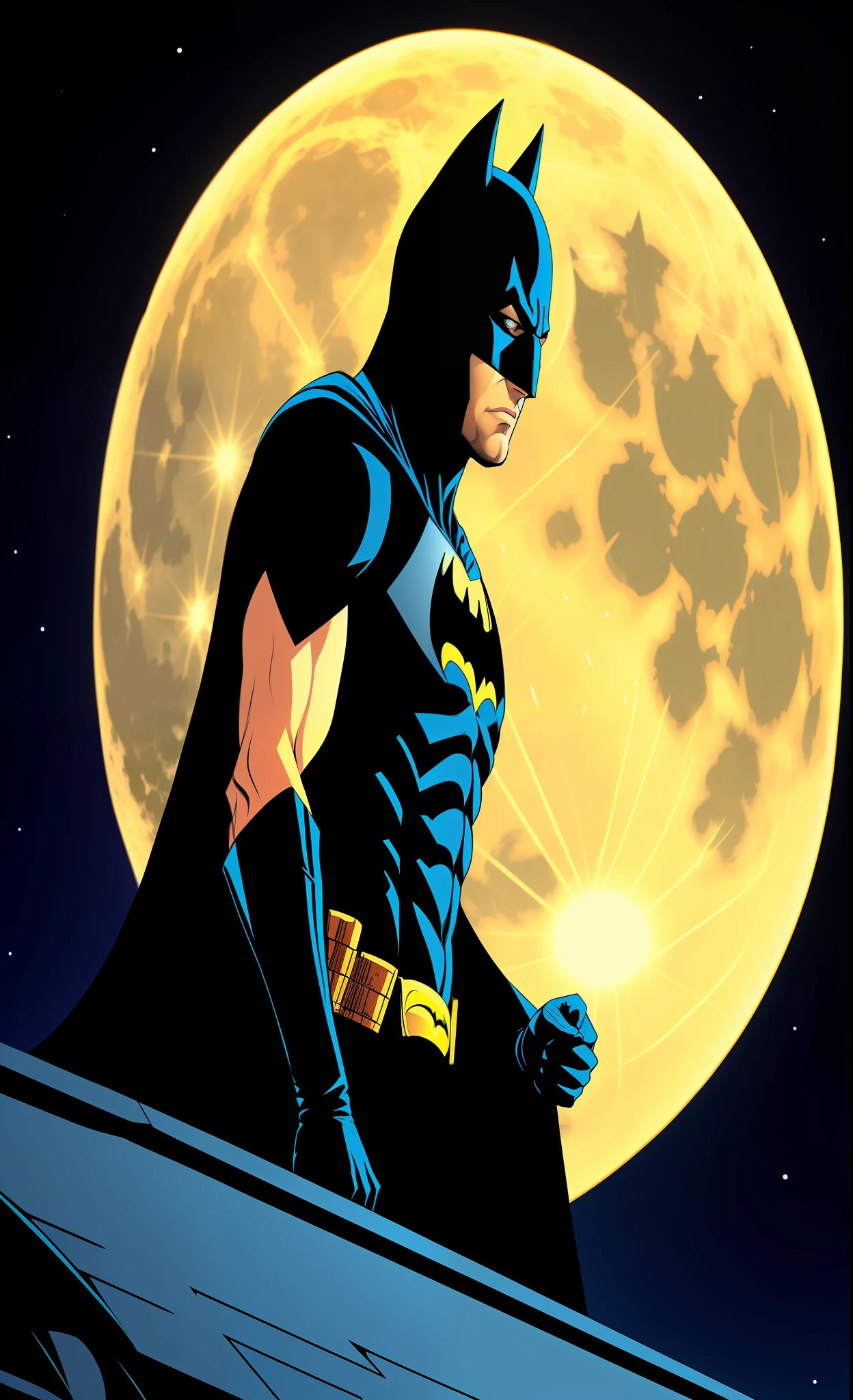 Batman hero dc hyper realistic style on top of a building. Against the moon uniform black. Tactical and fluttering cape with full body image sleeves