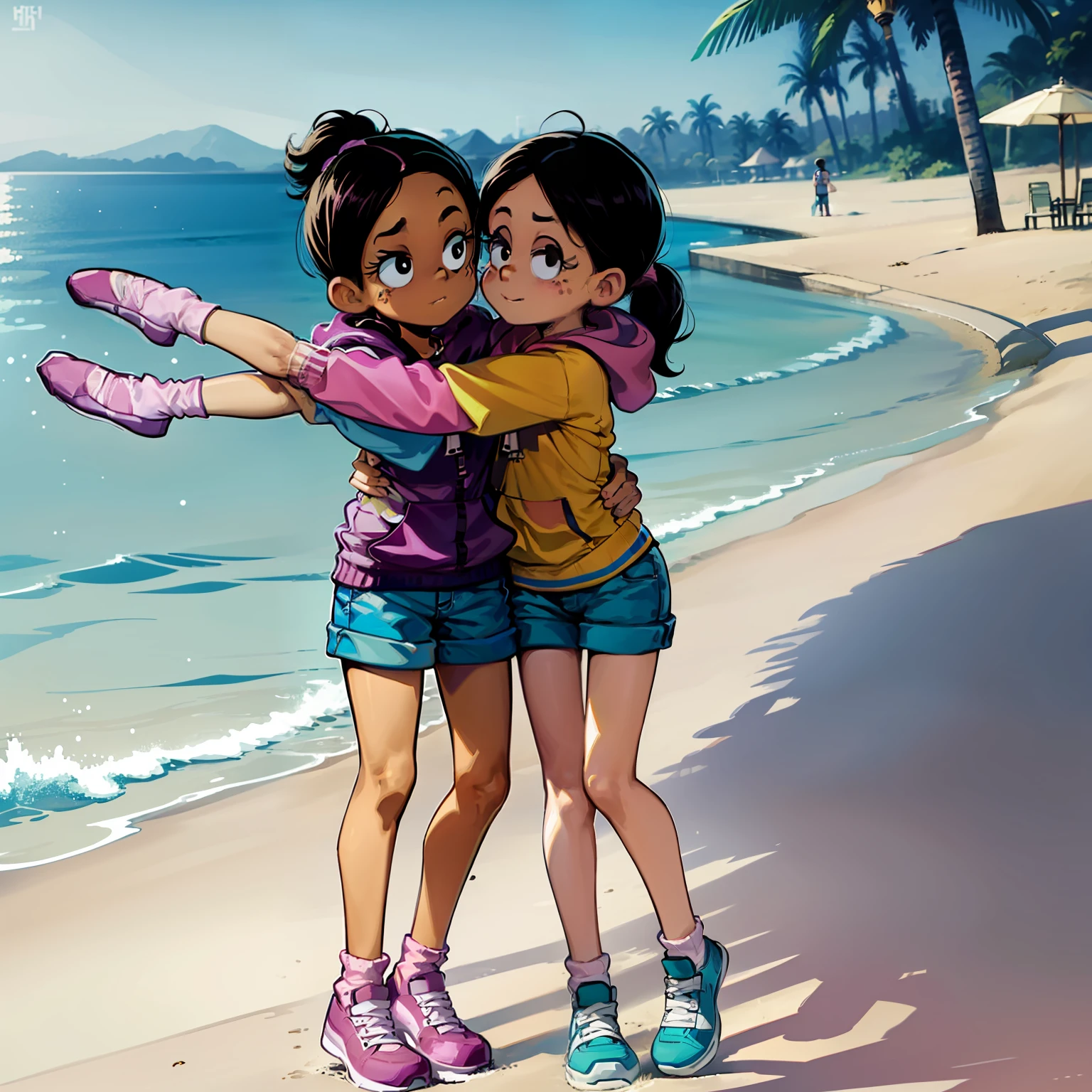 Ronnie Anne, hoodie, shorts, black eyes, ponytail, tanned skin, full body, curvy arms, defined legs, beautiful, pose, in the beach, long socks, curvilinear legs. one leg raised the other on the floor, stretching out a leg, two girls stretching and crossing legs between them, hugging the legs