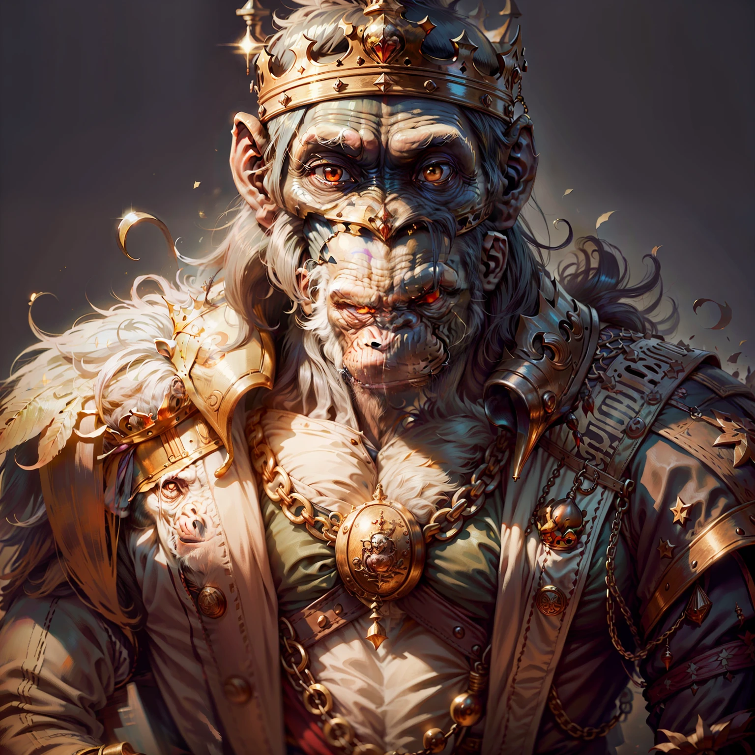 King chimpanzee, with crown and highly detailed props, black background, facing the camera