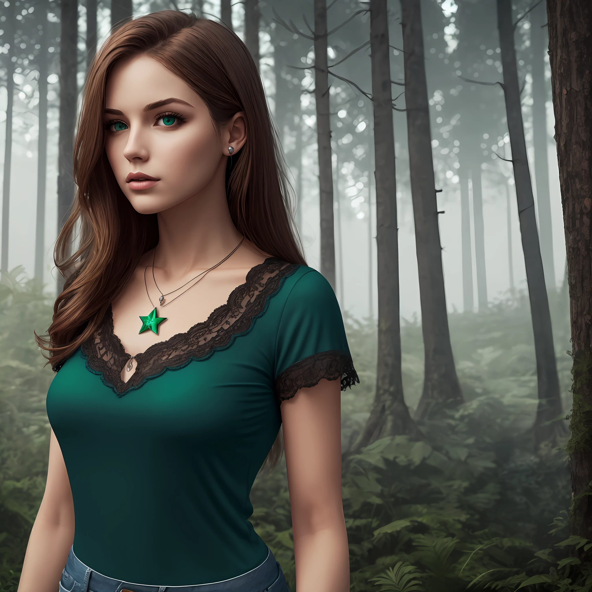 Young American woman with brown hair, dark green eyes with a star-shaped emerald necklace. Pink lips. Wearing a short-sleeved blouse and blue jeans. Dark Gothic forest background with Gothic castle without sunlight and with fog. 4k, realistic, better picture.