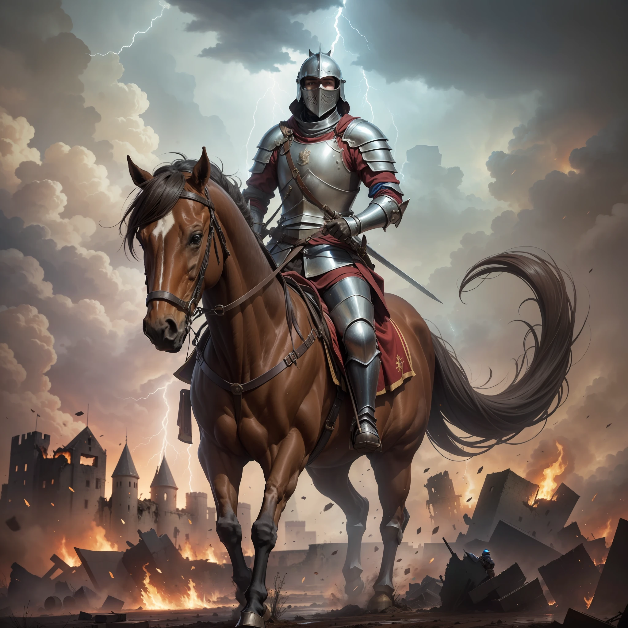 A medieval knight mounted on a brown horse looking at a destroyed and burning castle with large towers that stands on a hill in the background of a battlefield the ground with mud and a thunderstorm with lightning