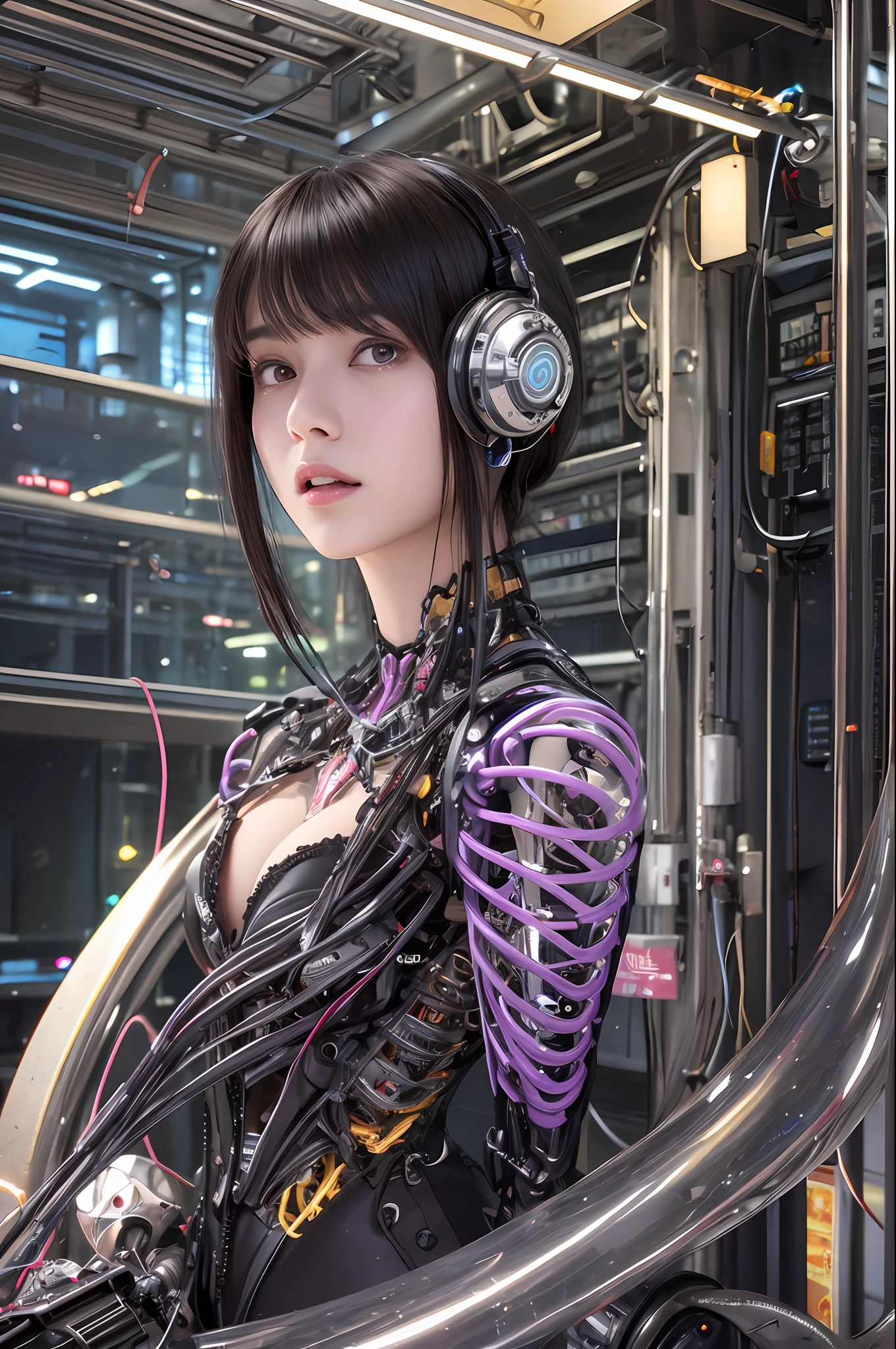 Top Quality, Masterpiece, Ultra High Resolution, (Photorealistic: 1.4), Raw Photo, 1 Girl, Black Hair, Glossy Skin, 1 Mechanical Girl, (Ultra Realistic Details)), Portrait, Global Illumination, Shadows, Octane Rendering, 8K, Ultra Sharp, Glossy Skin, Realistic Skin, Big, Cleavage Exposed Raw Skin, Metal, Intricate Ornaments Details, Art Nouveau details, highly intricate details, realistic light, CGSoation trends, purple eyes, glowing eyes, facing the camera, neon details, mechanical limbs, blood vessels connected to tubes, mechanical vertebrae attached to the back, mechanical cervical attachment to the neck, sitting, wires and cables connecting to the head, analog meters, pressure gauges, vacuum tubes, gears, Small LED lamp, background is a futuristic server room,